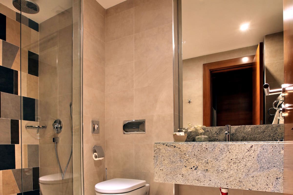 deluxe room | bathroom | shower, free toiletries, hair dryer, bathrobes