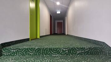 A hallway with a patterned carpet, a green door, and a ceiling light.