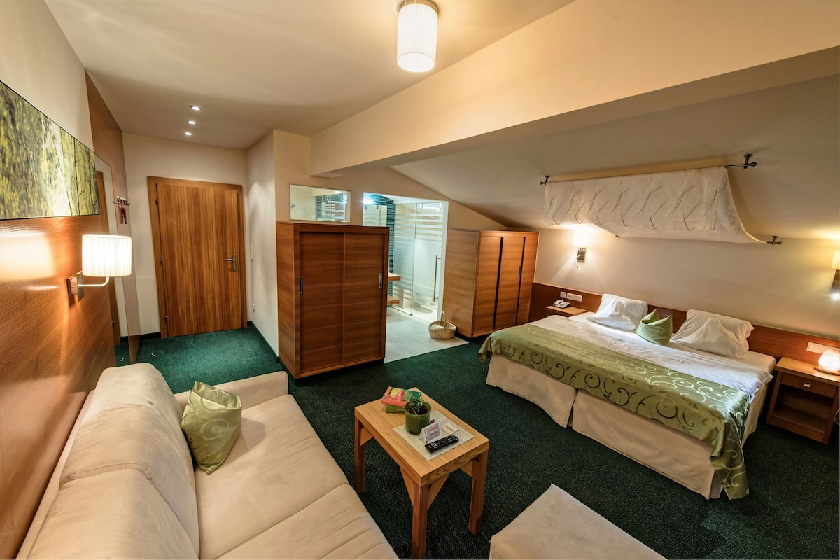 Une chambre d’hôtel avec un lit, un canapé, une petite table avec une plante, un miroir et une armoire.