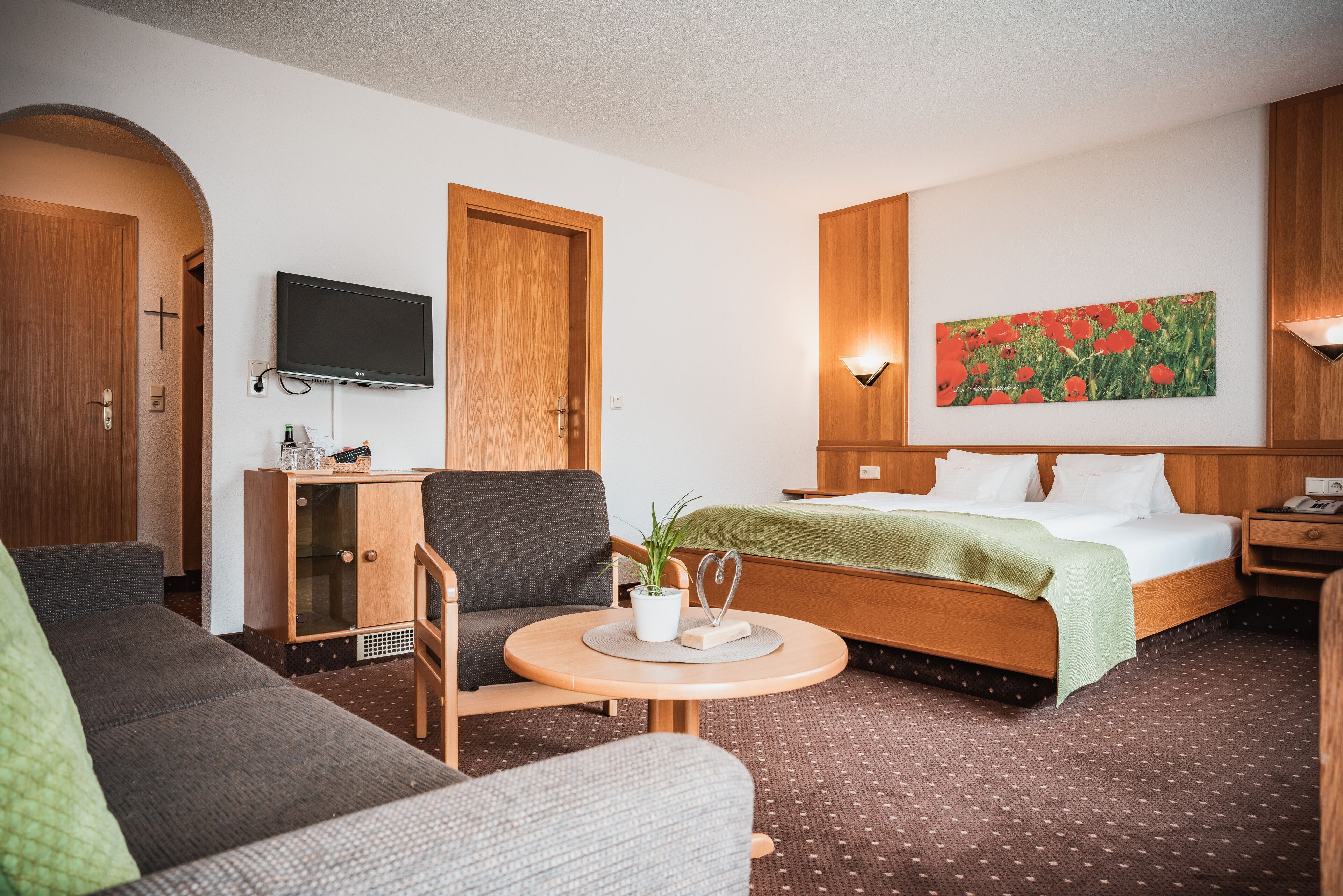 A hotel room with a bed, a desk with a TV, a sofa, and a small table with a plant.