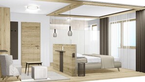 Un dormitorio moderno con una cama, una mesita de noche, una silla y una pequeña mesa.