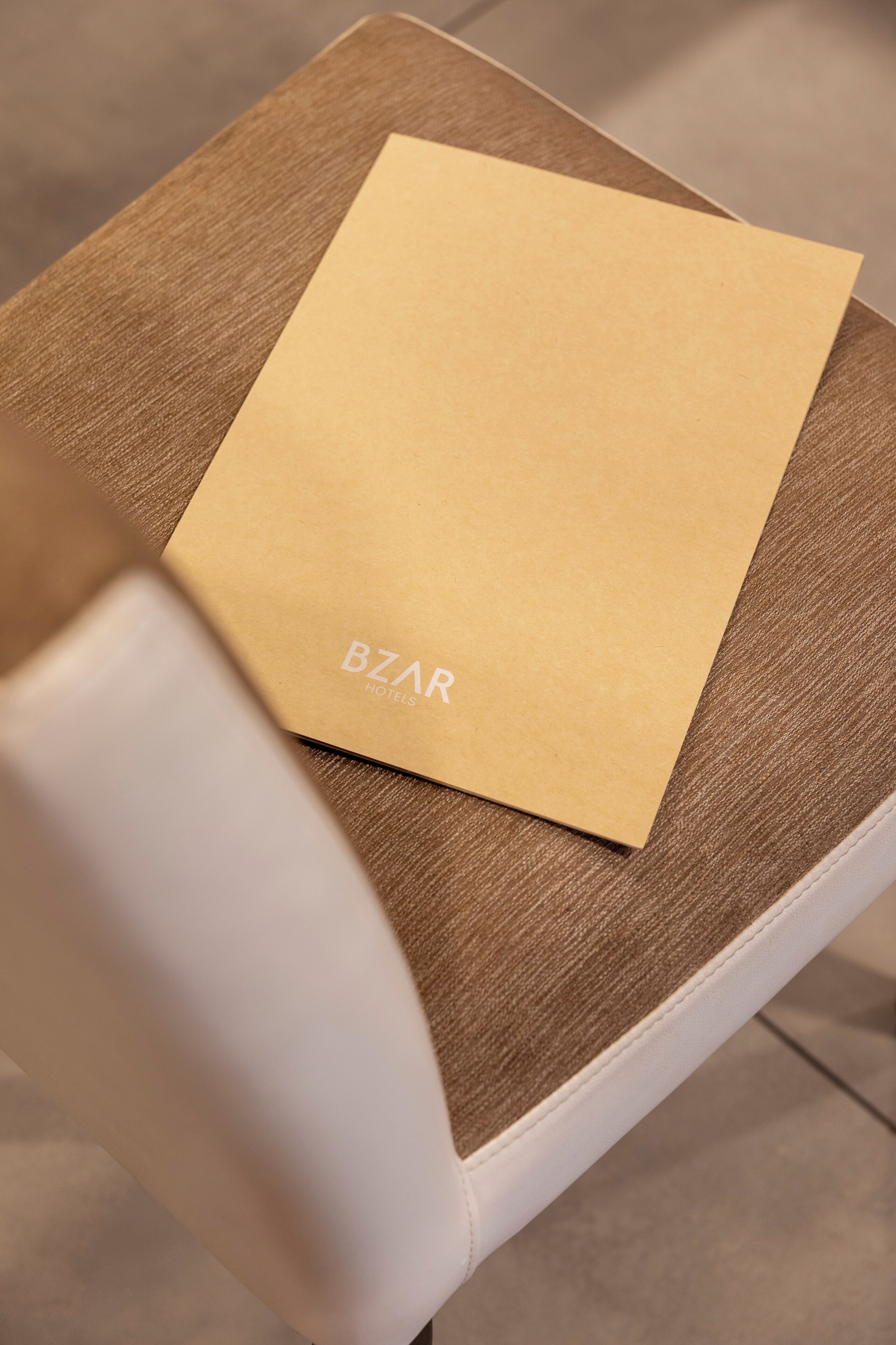 A brown envelope with 'BZR' on it placed on a chair.