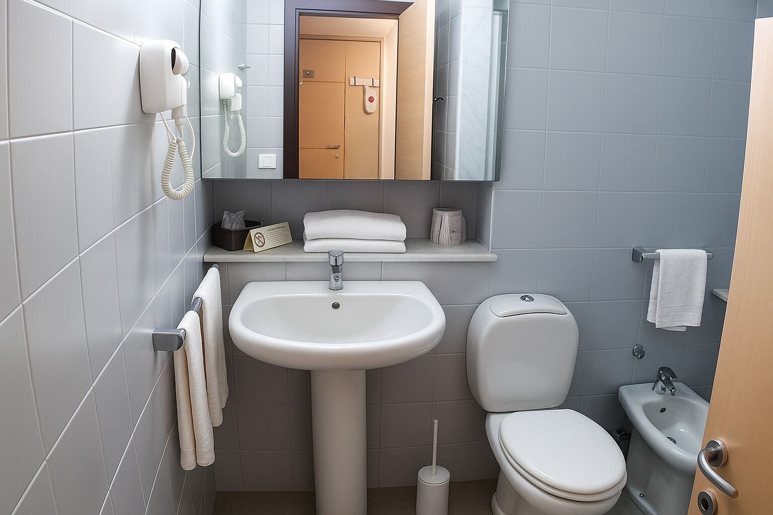 Secador de pelo, bidet, toallas, jabón