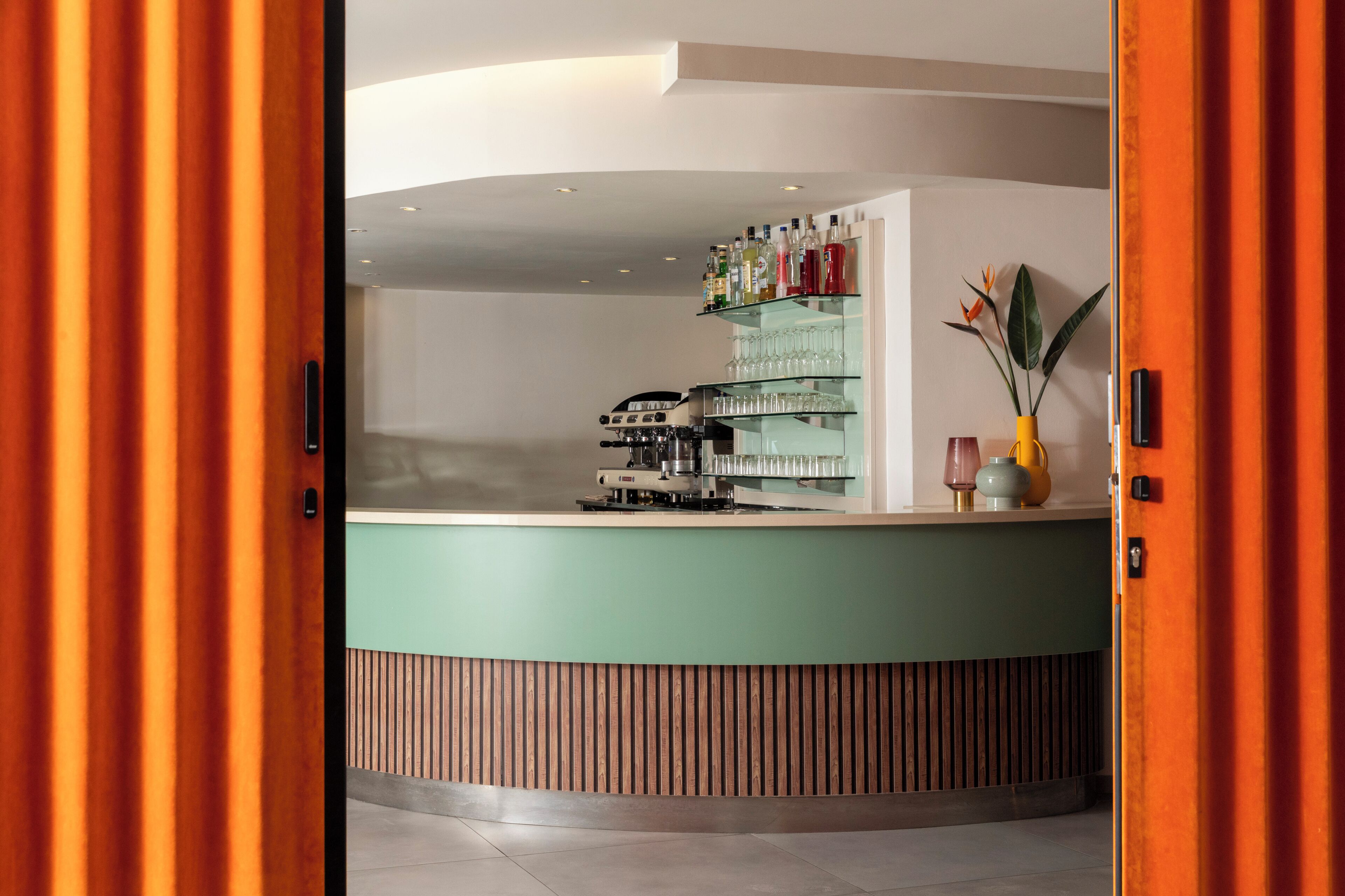 Zona de bar con mostrador, estanterías con botellas, vasos y una planta.