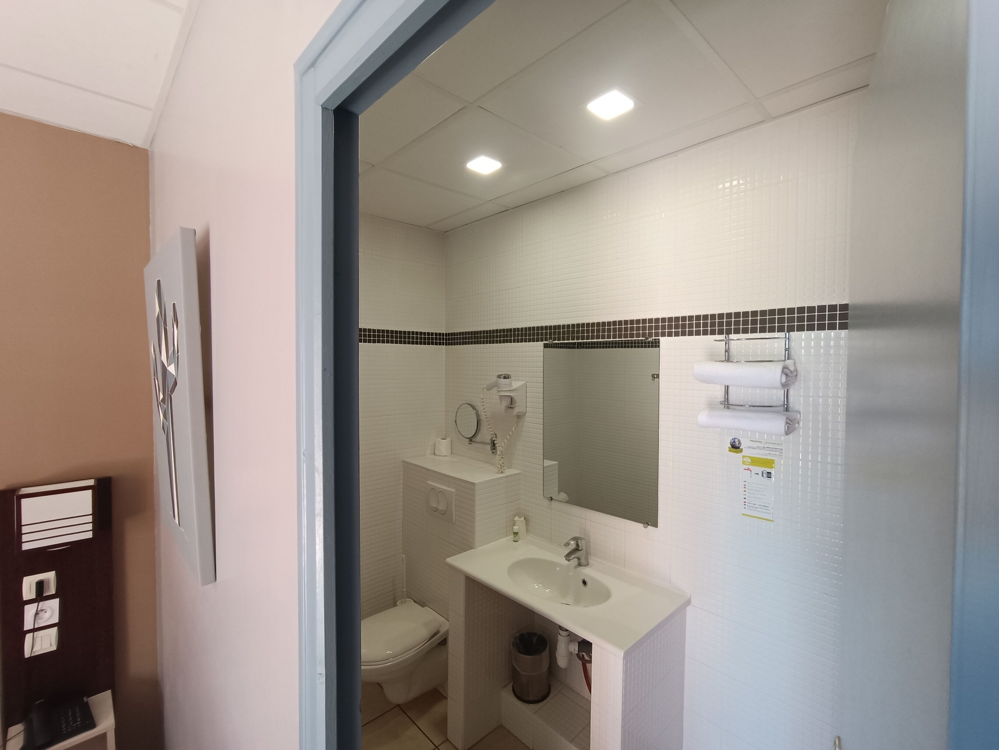 A bathroom with a toilet, sink, mirror, and towel rack.