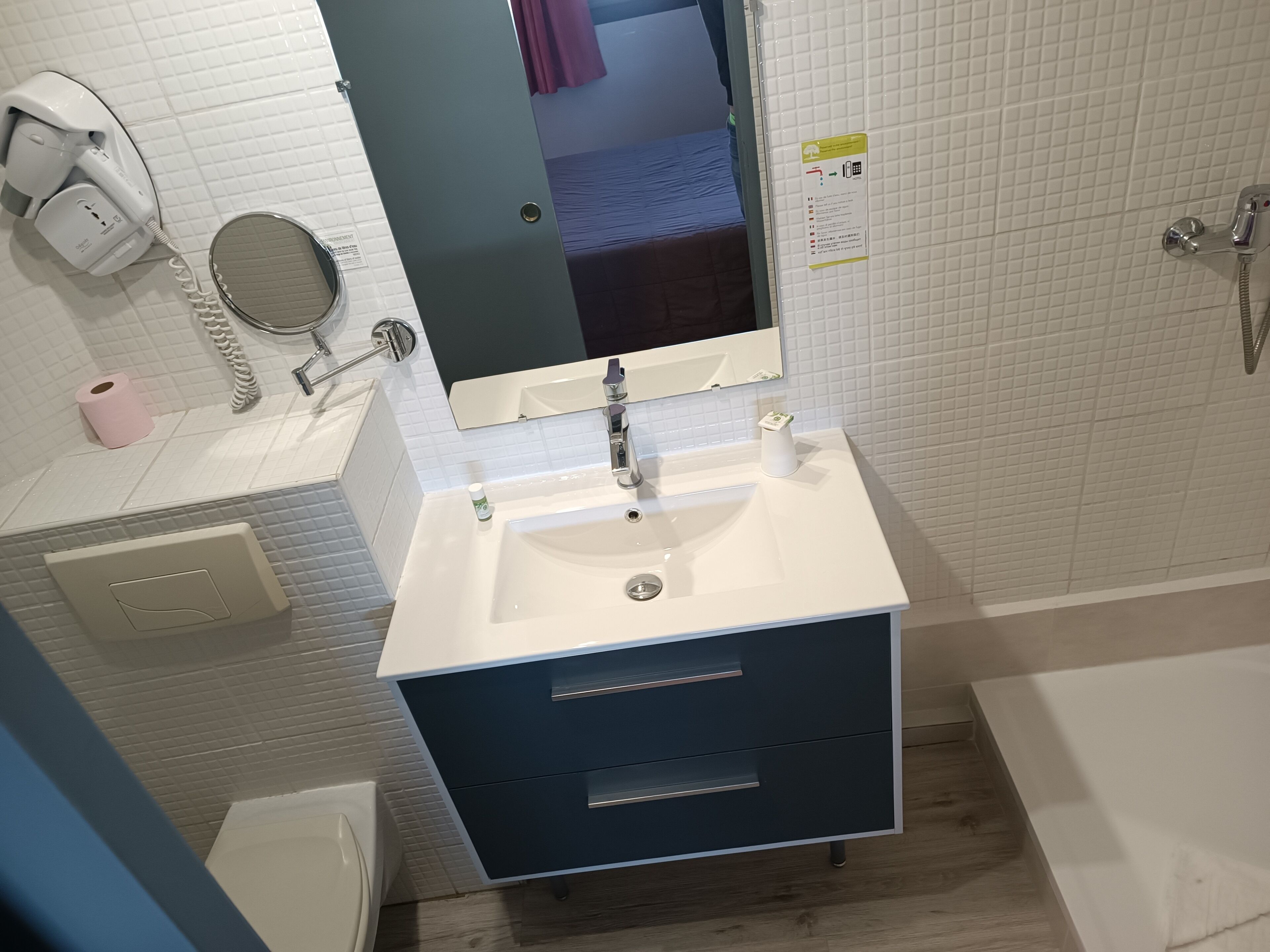A bathroom with a white sink, a mirror, a handheld showerhead, a toilet, and a towel rack.
