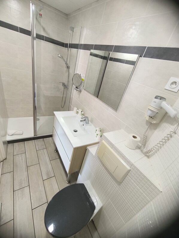 A modern bathroom with a glass shower enclosure, a sink with a mirror, a toilet, and a hairdryer on the counter.