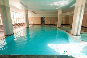 Indoor pool, open 9:00 AM to 8:00 PM, sun loungers