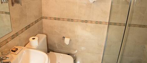 A bathroom with a sink, toilet, and shower.