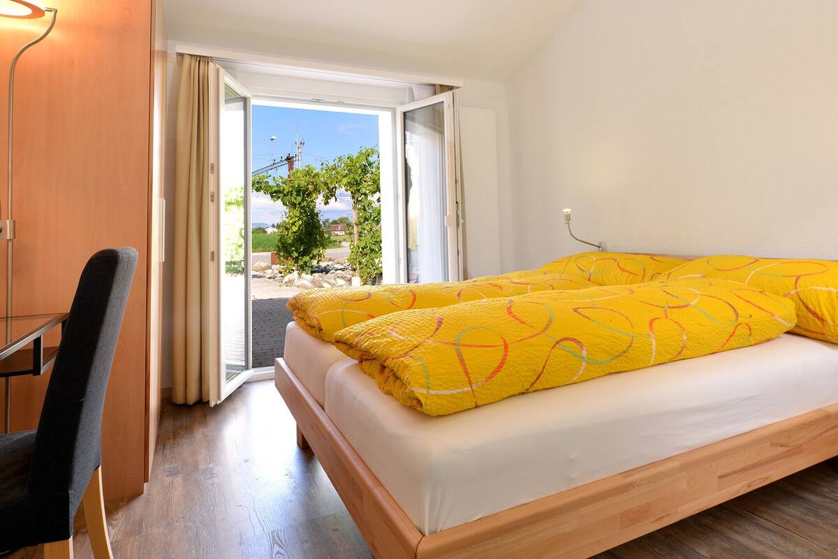 A bedroom with a bed, a desk, and a view through a glass door.