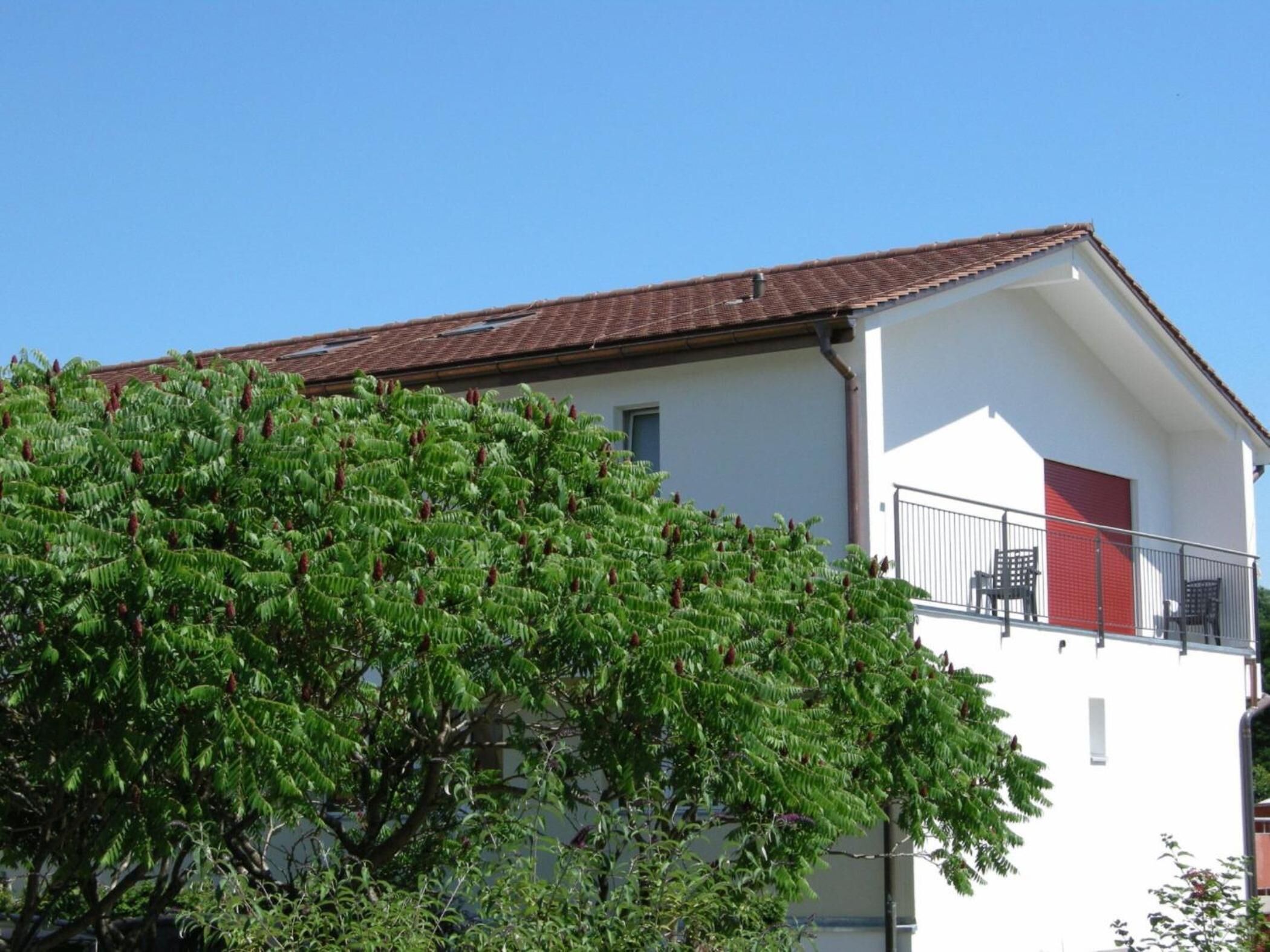 A building with a red door, a balcony with chairs, and a tree in the foreground.