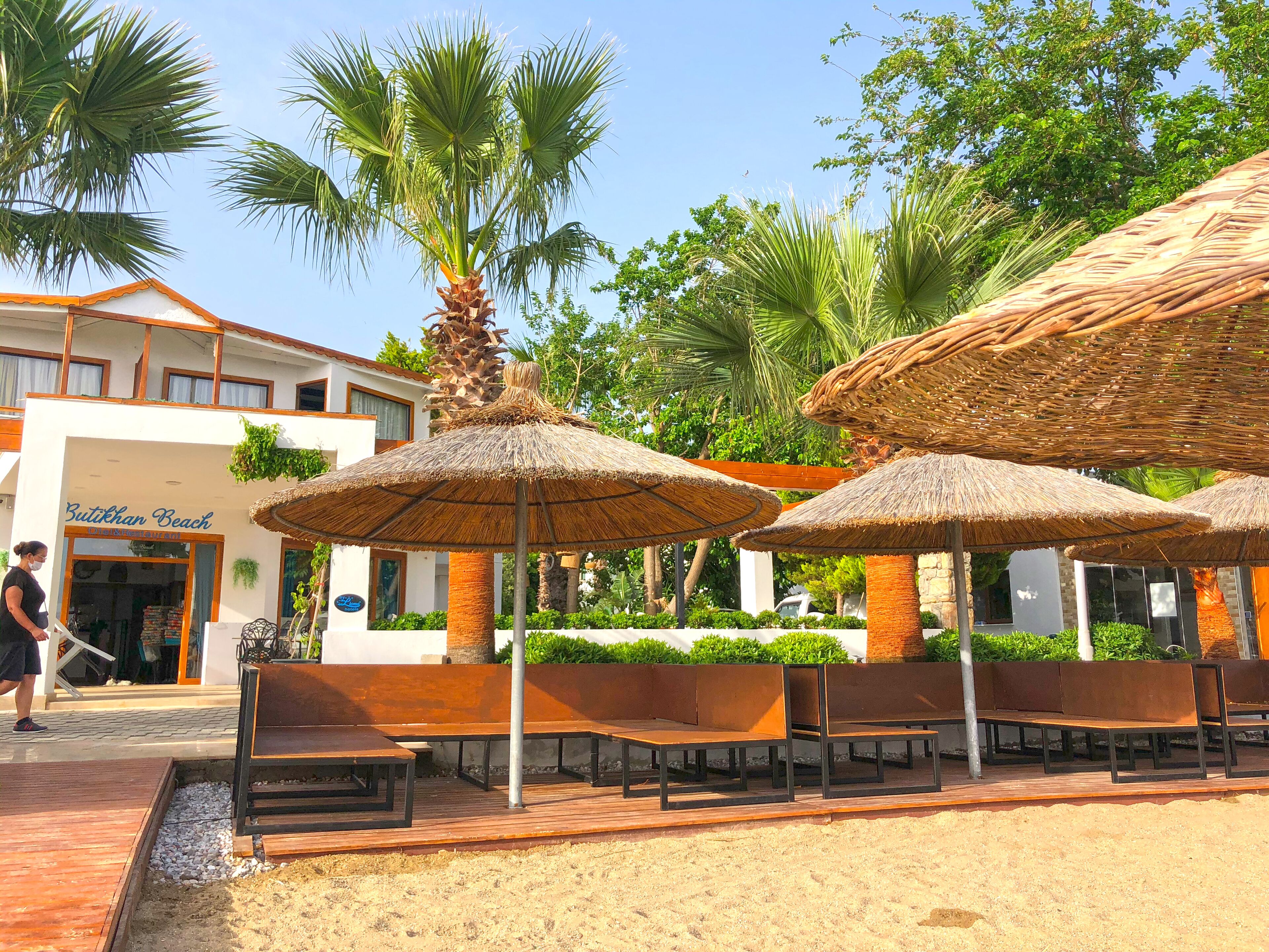 on the beach, sun-loungers, beach umbrellas