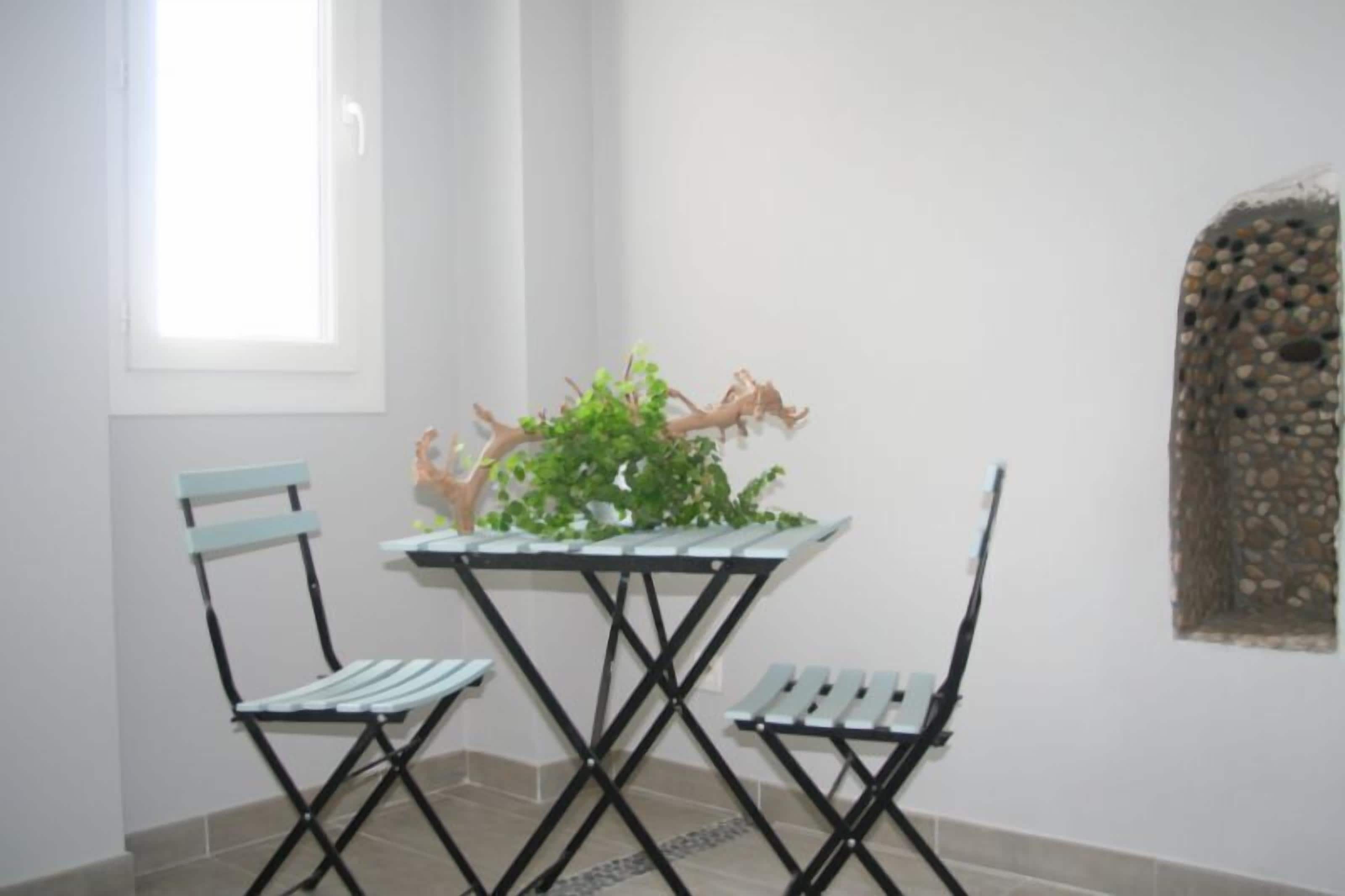 A small dining area with a table and two chairs, a decorative plant, and a stone wall.