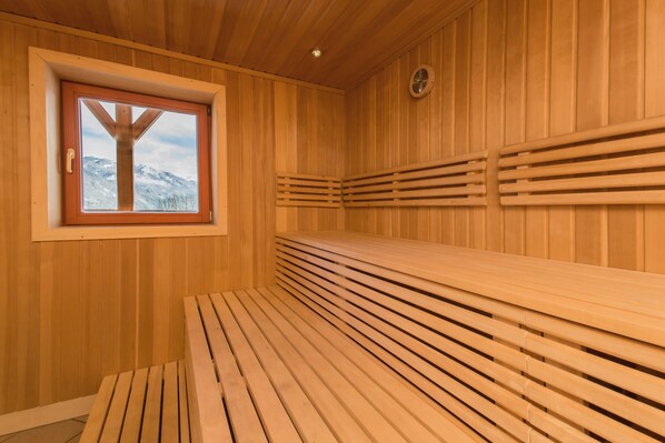 Una sauna de madera con bancos y ventana con vistas a montañas nevadas.