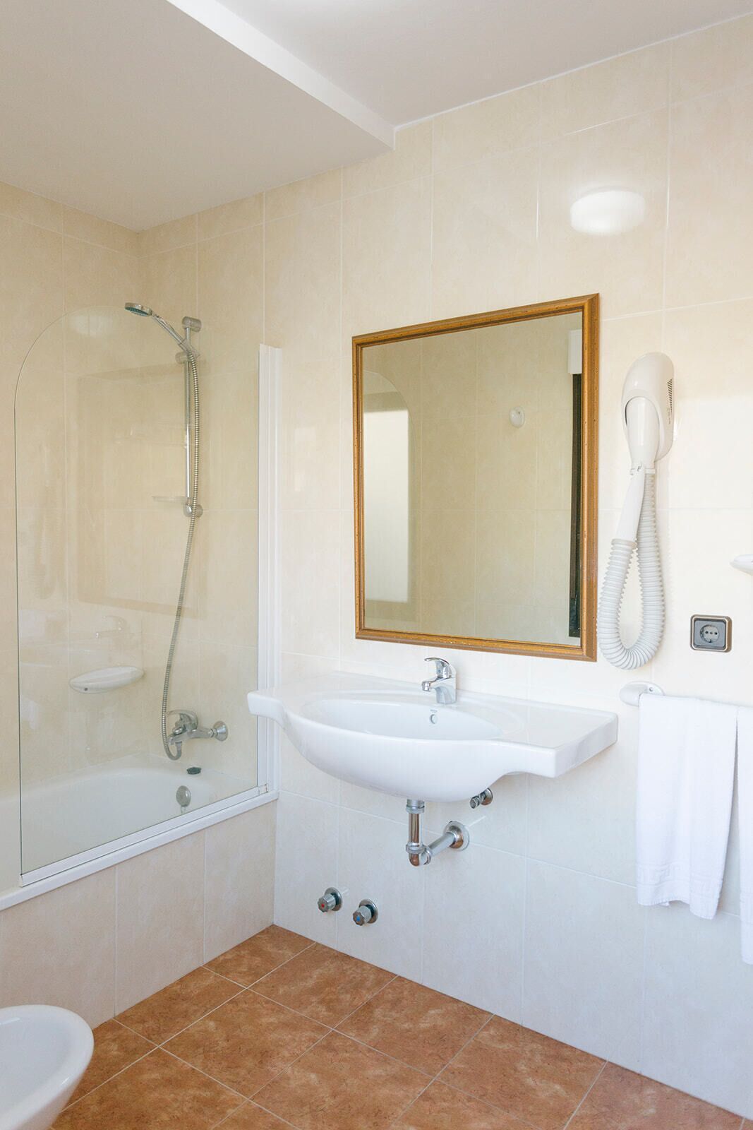 Une salle de bain avec une douche à parois de verre, un lavabo blanc, un miroir et un sèche-cheveux.