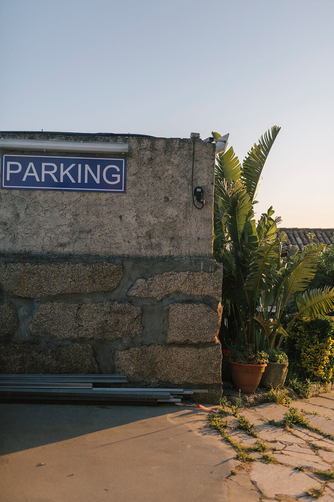 Segnale di parcheggio su un muro in pietra, con una pianta in vaso accanto.