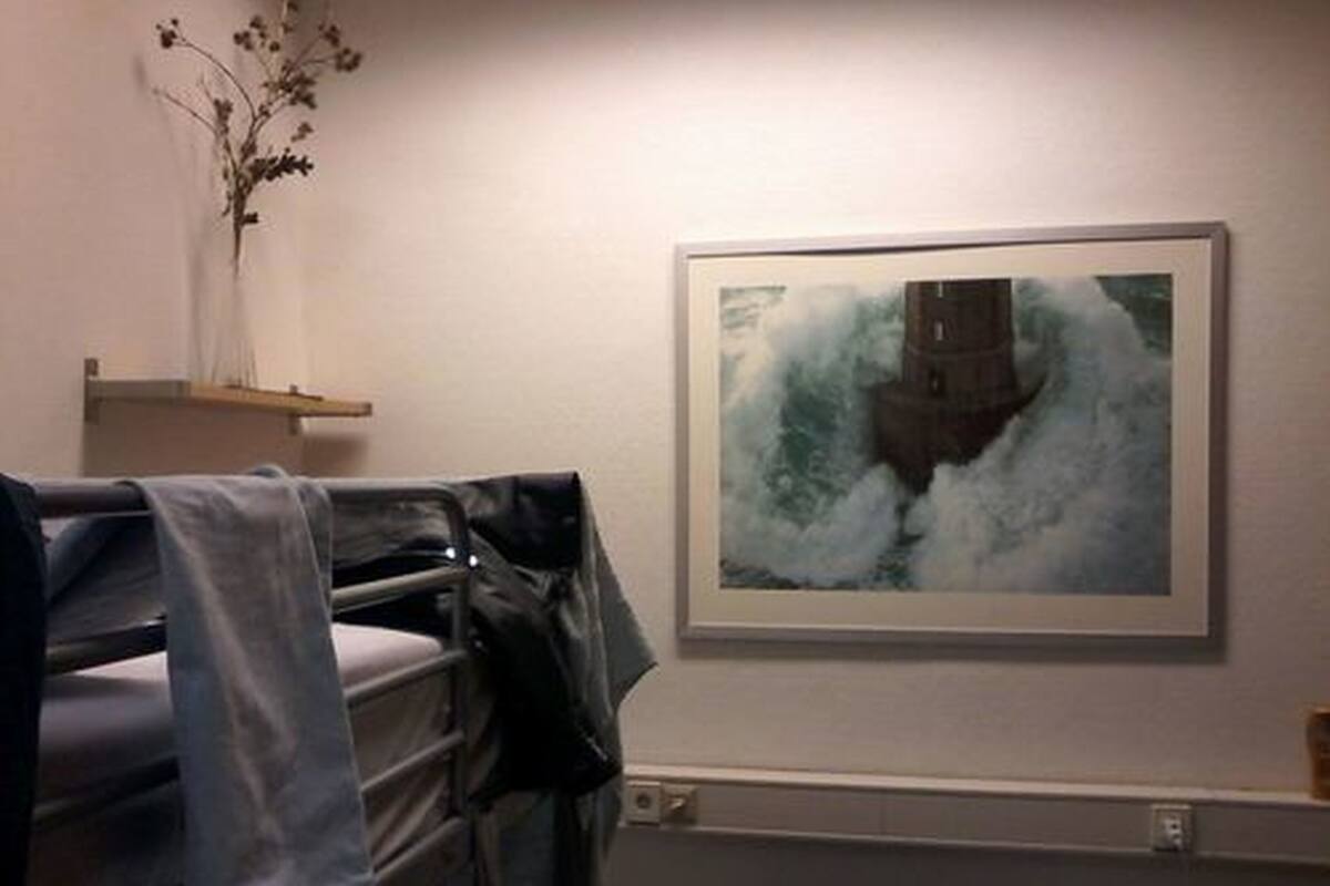 Una habitación con una cama litera, un cuadro enmarcado de un barco sobre una ola, y un pequeño estante con una planta.
