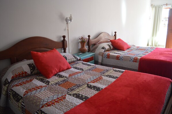 Two single beds with wooden headboards, a nightstand with a vase, and a window with curtains.