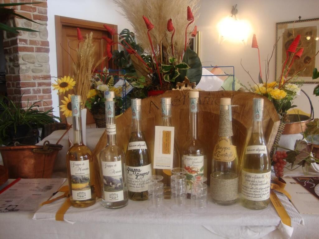 Ein Tisch mit verschiedenen Weinflaschen, einige mit Etiketten, andere ohne, umgeben von dekorativen Pflanzen und Blumen.