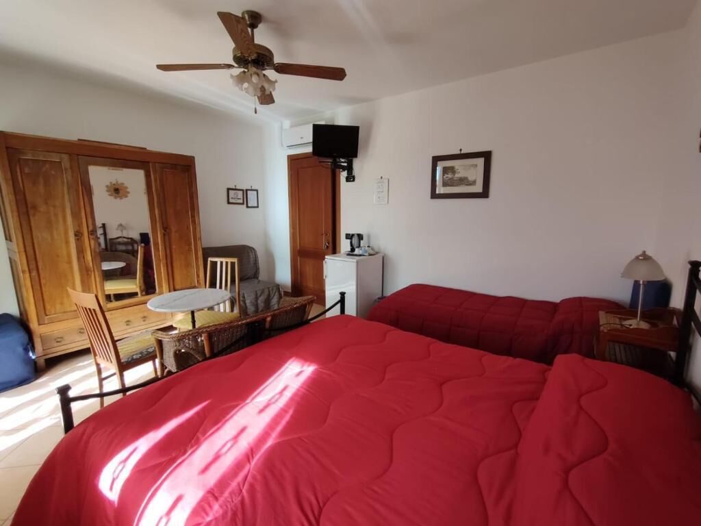 A bedroom with a bed, a ceiling fan, a television, and a wooden wardrobe.