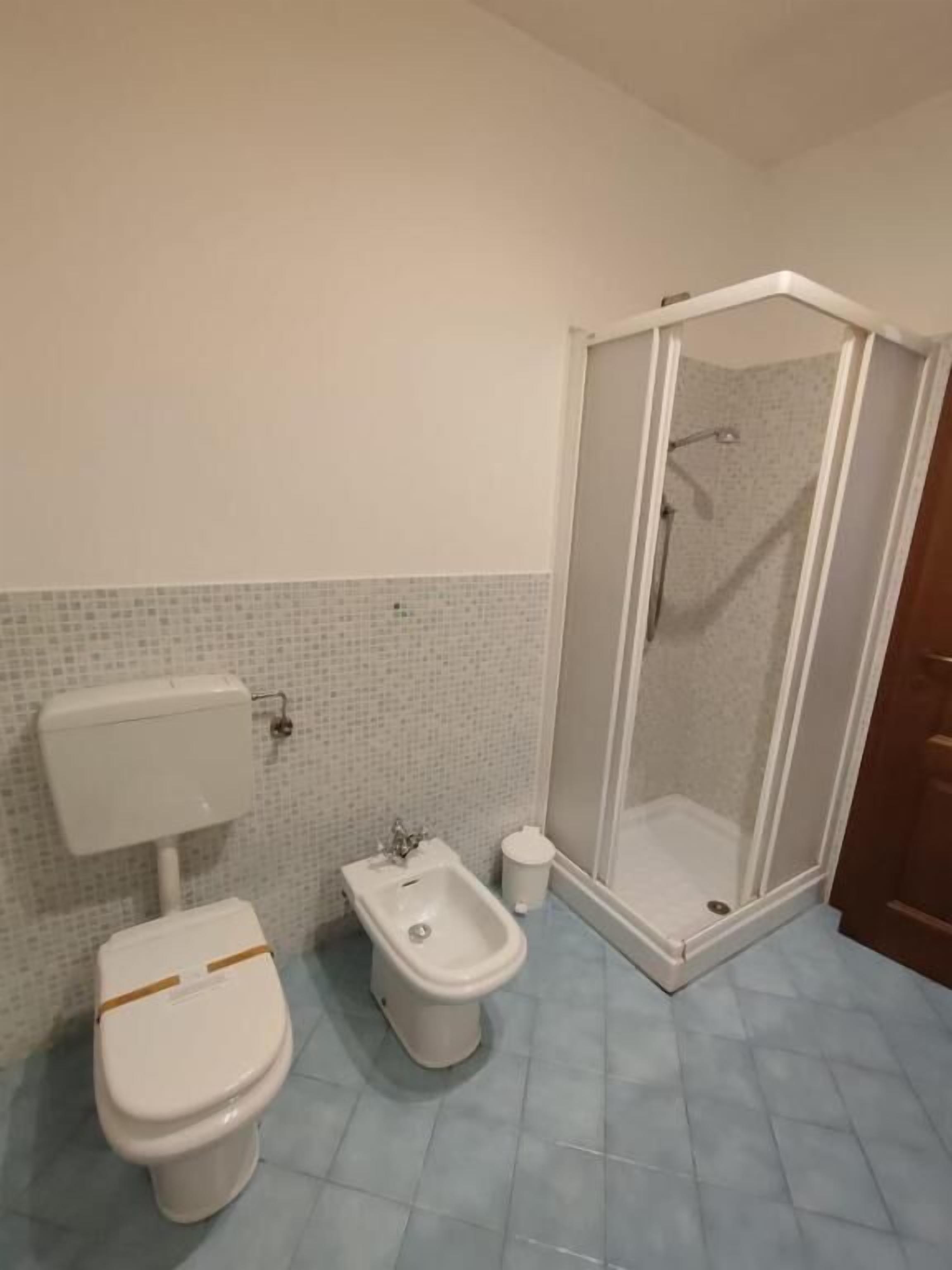 A bathroom with a toilet, bidet, and shower enclosure.