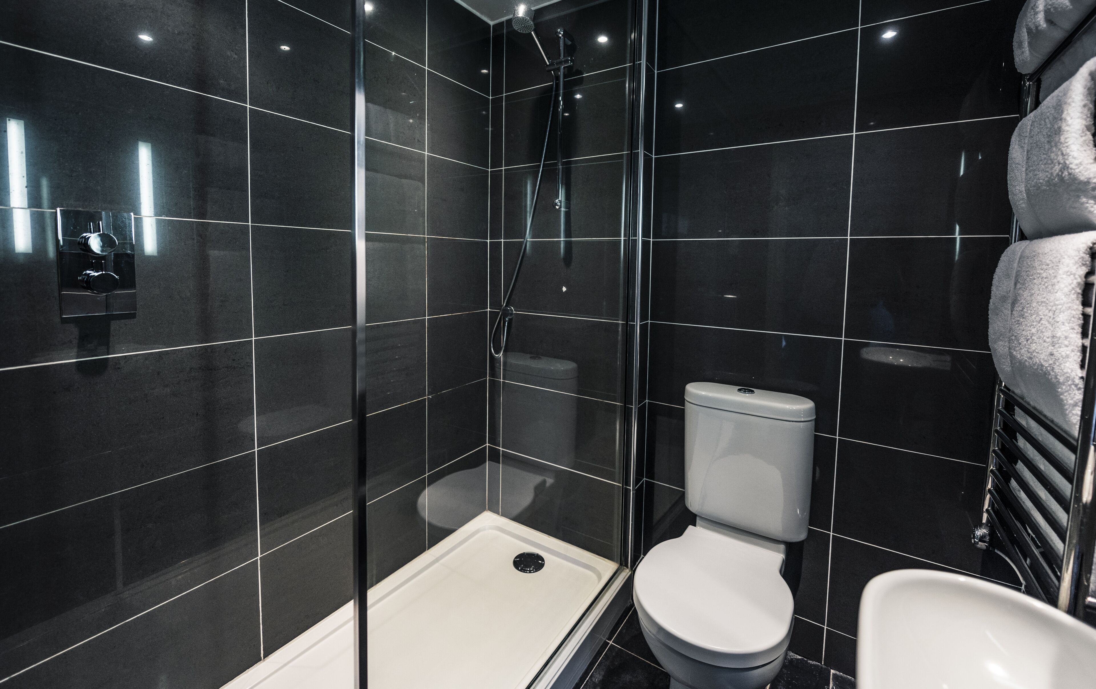 Combined shower/bathtub, free toiletries, hair dryer, towels