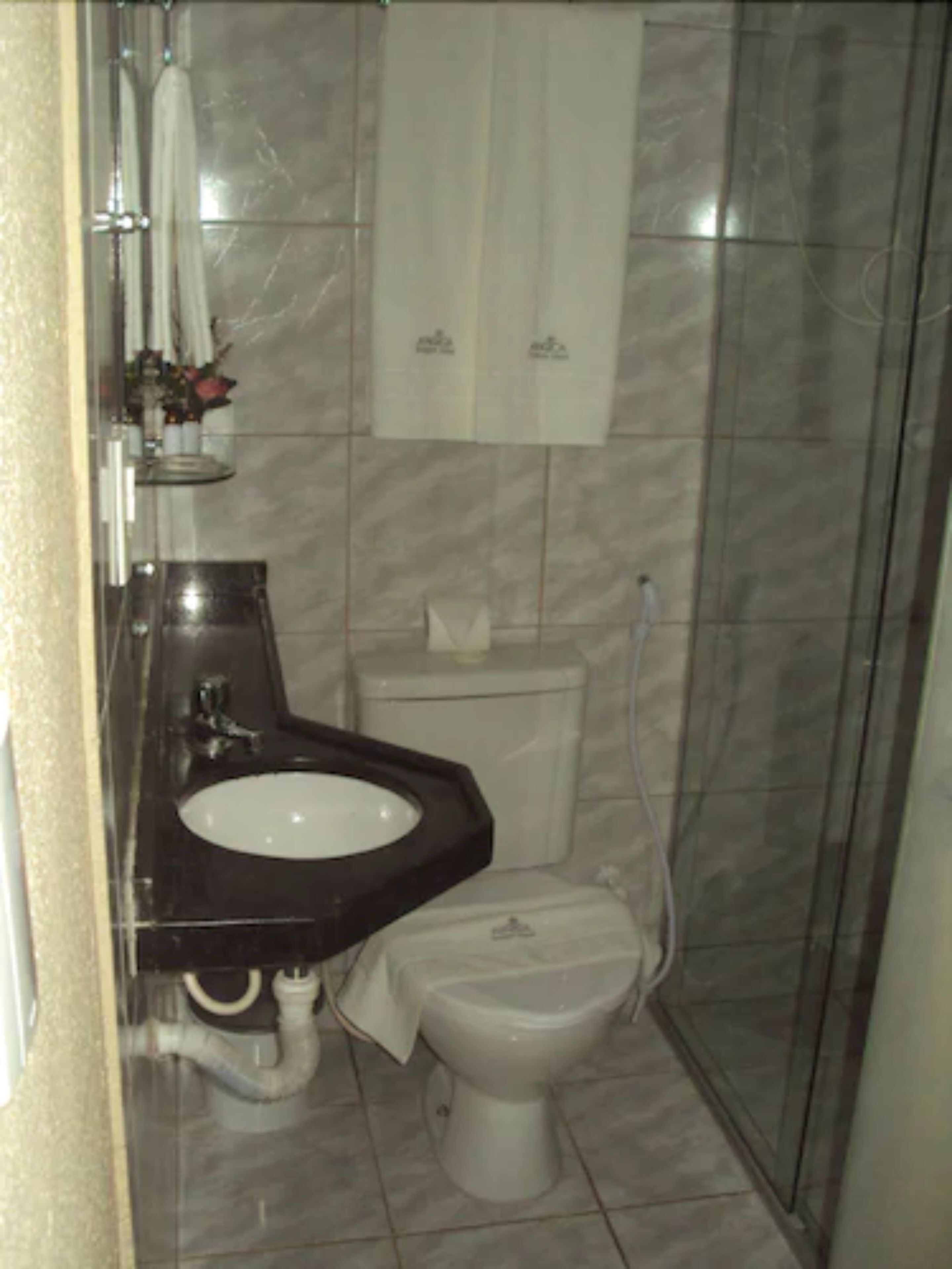 A bathroom with a black sink, white toilet, and a glass shower enclosure.