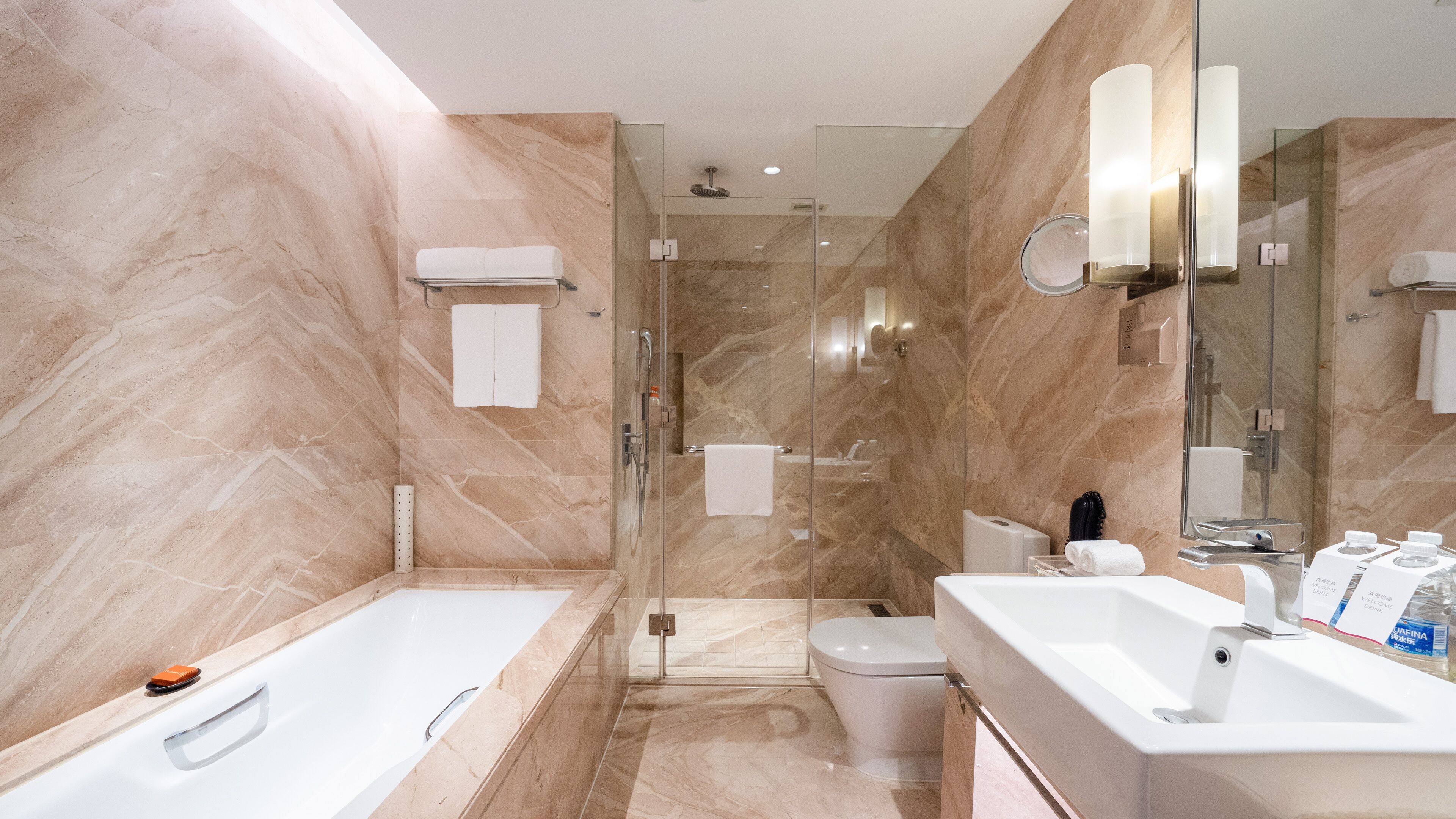 separate bathtub and shower, deep-soaking bathtub, rainfall showerhead