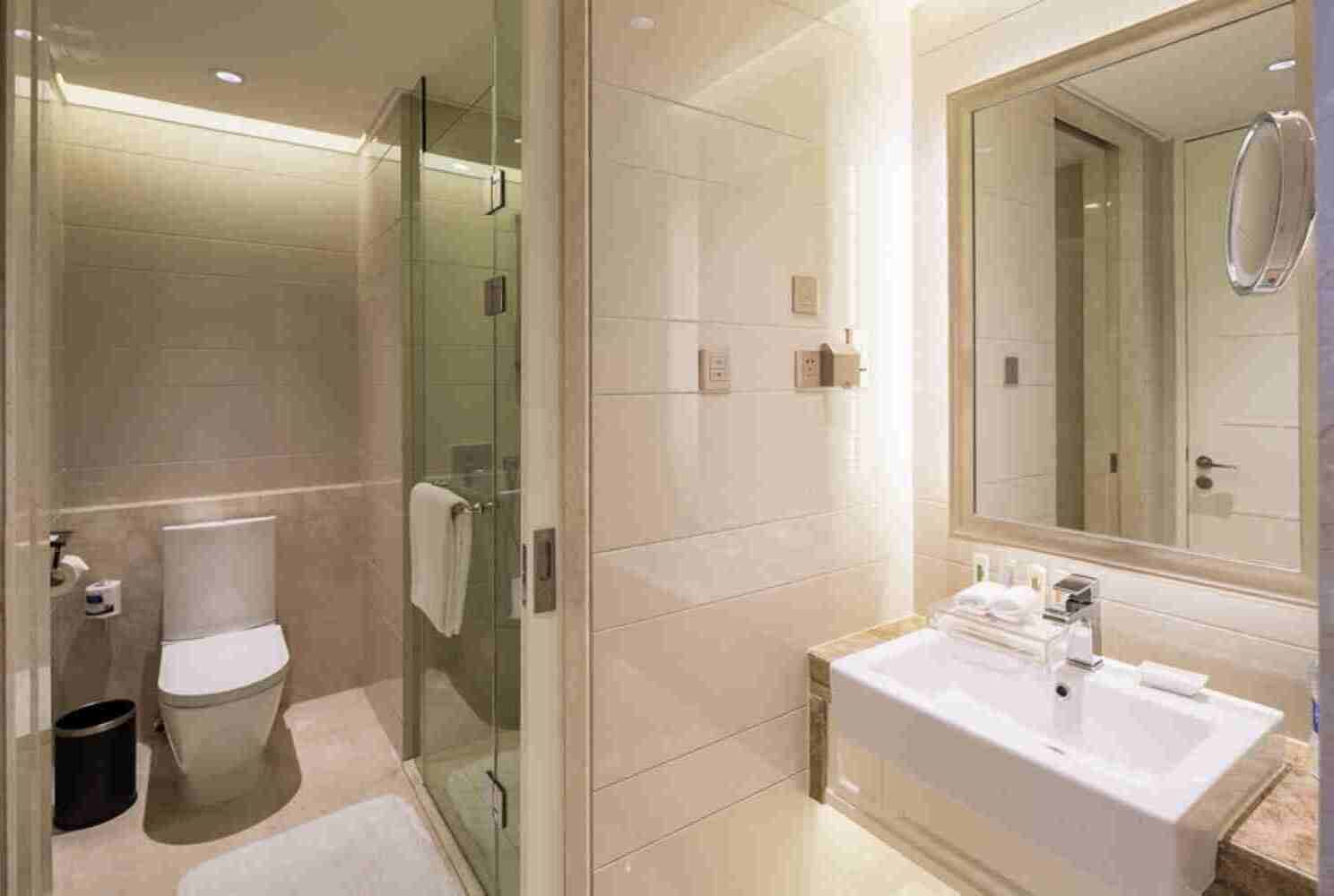 A modern bathroom with a glass-enclosed shower, a white toilet, and a large sink with a mirror above it.