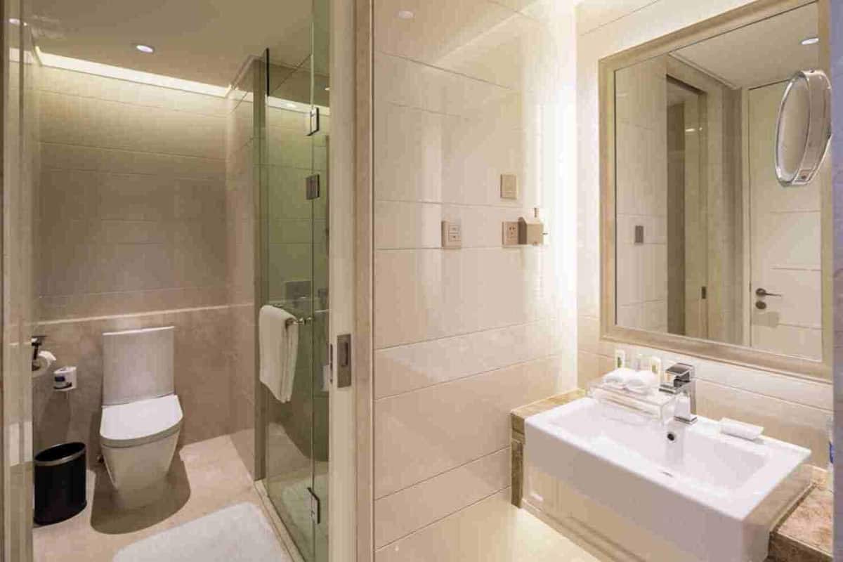 A modern bathroom with a glass-enclosed shower, a white toilet, and a large sink with a mirror above it.