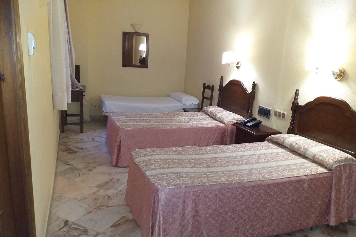 A hotel room with two beds, a bedside table with a phone, a wall-mounted lamp, and a mirror.