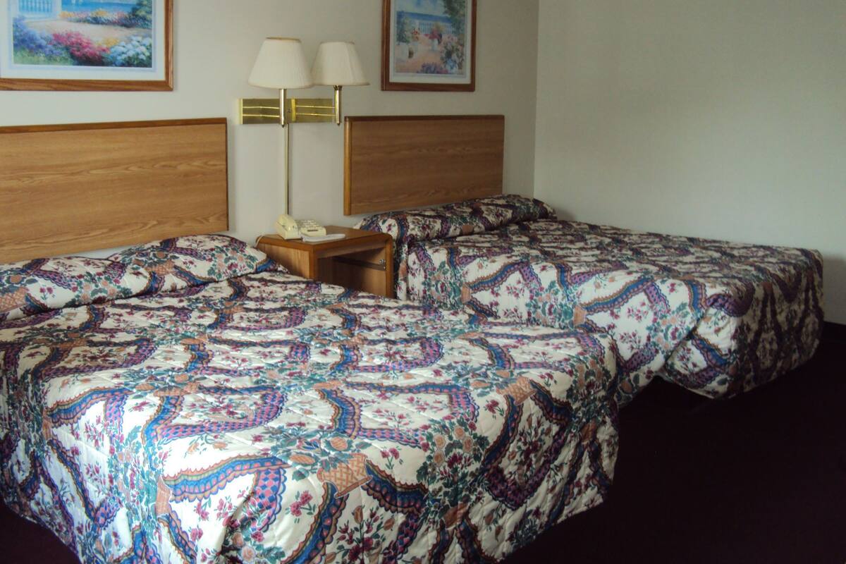 Una habitación de hotel con una cama grande, dos lámparas de noche, un mesita de noche y dos cuadros en la pared.