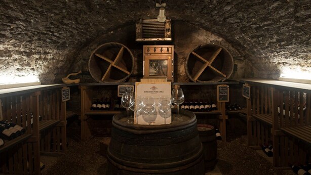 A cellar with wooden barrels, wine racks, and a central wine pump. - Auberge Le Renard'eau (Beze)
