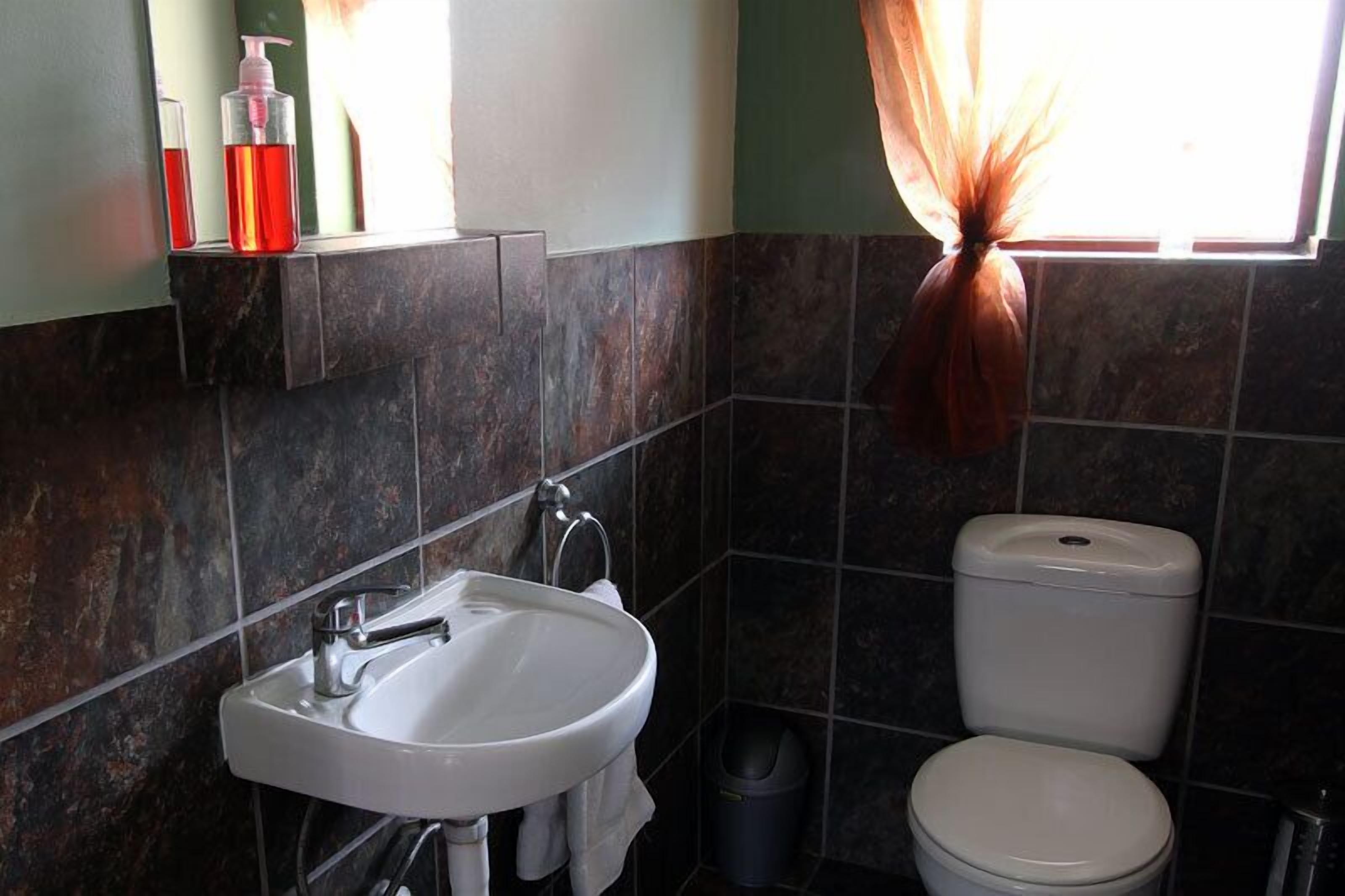 A bathroom with a white sink, a toilet, and a window with curtains.