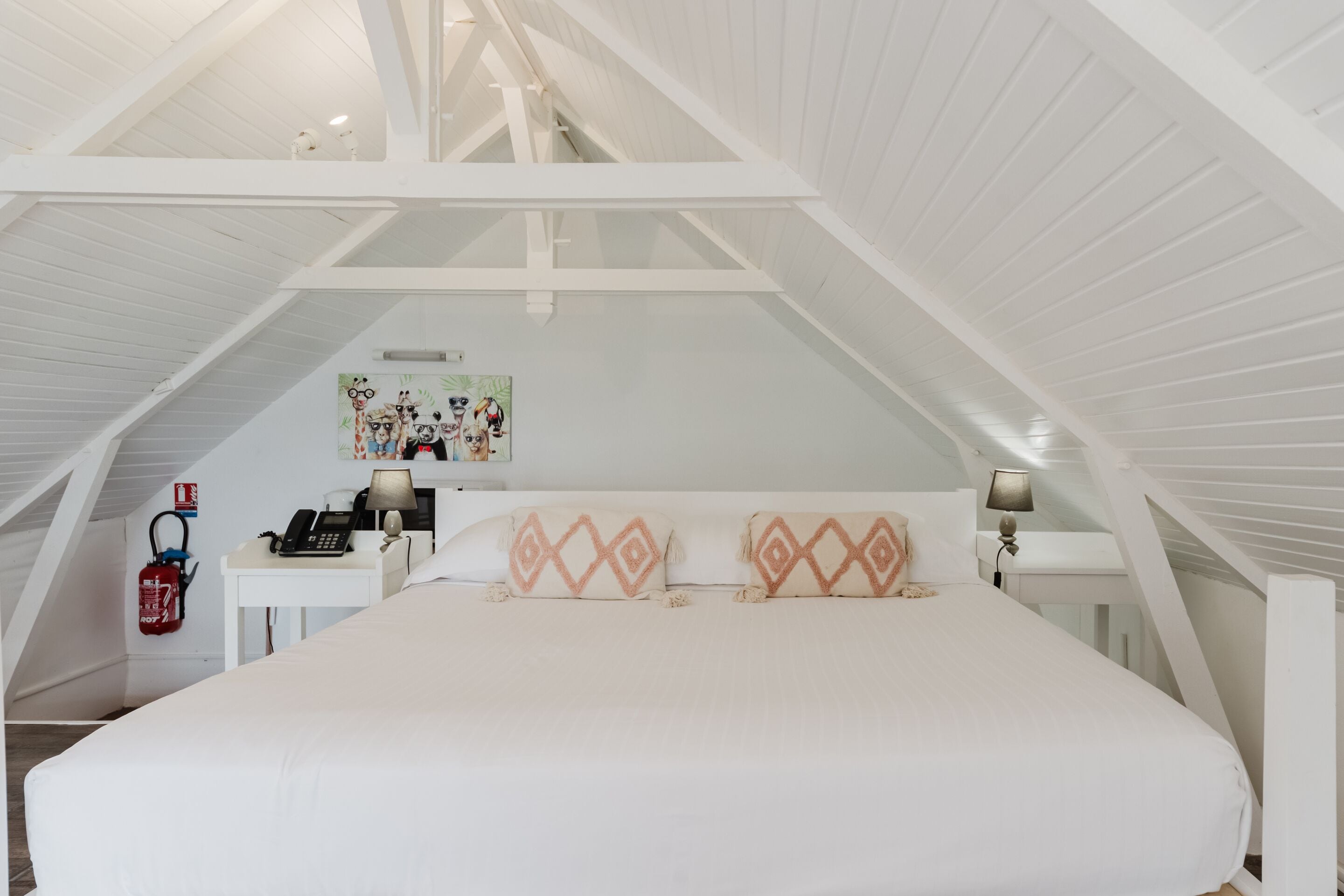 A spacious attic bedroom with a large bed, white walls, and a sloped ceiling.
