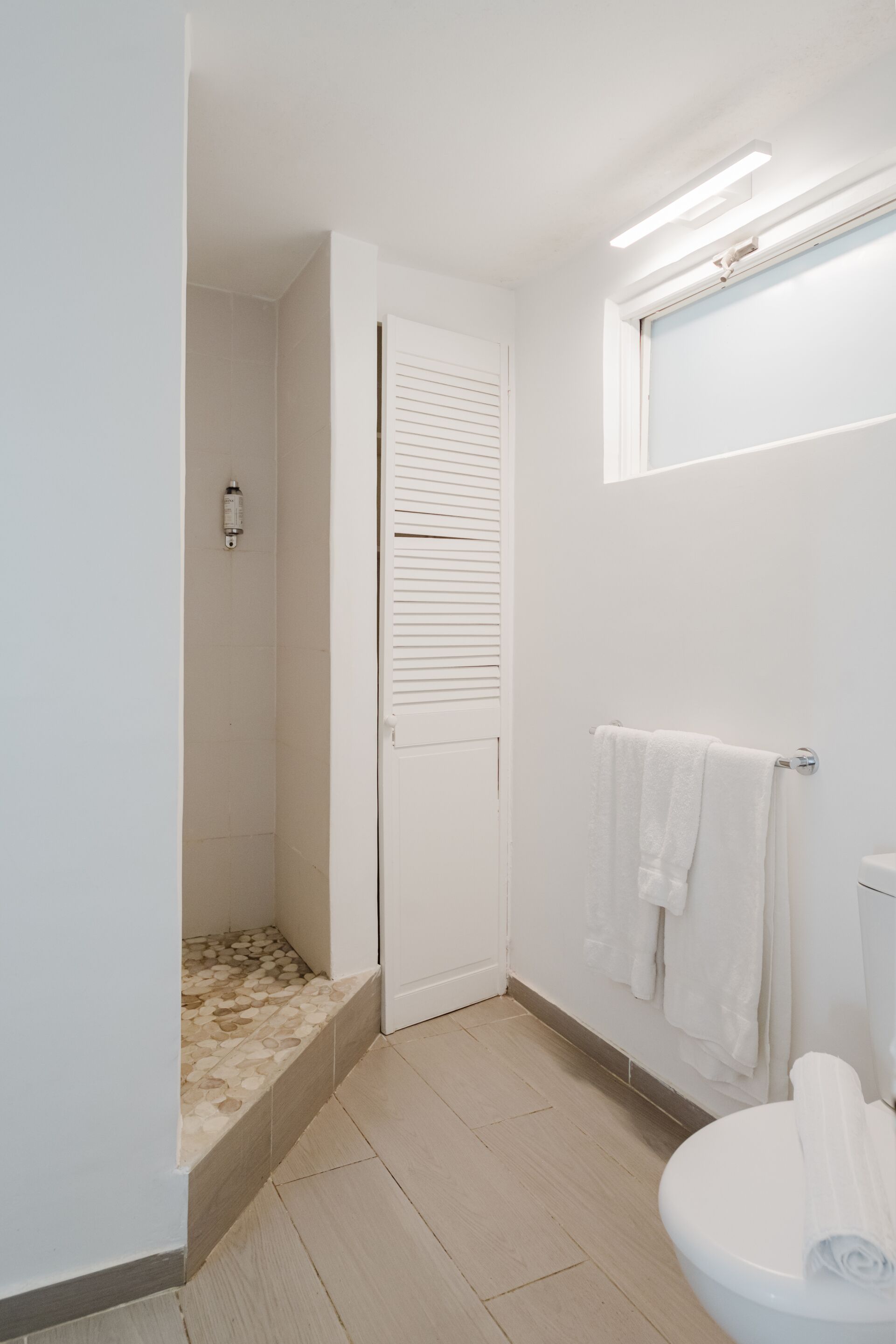 Un baño con ducha, inodoro y perchero para toallas.