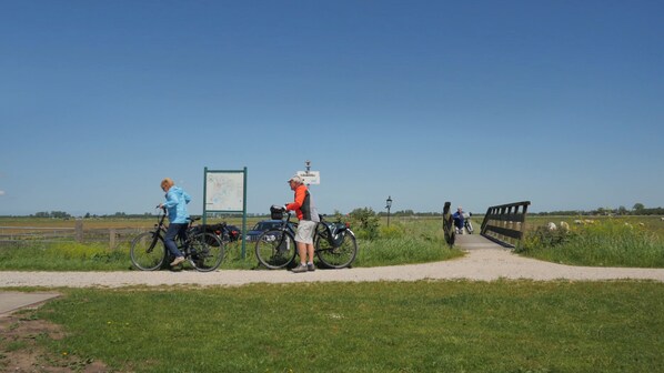 A pathway with bicycles, a signboard, and a wooden bridge in a rural setting.