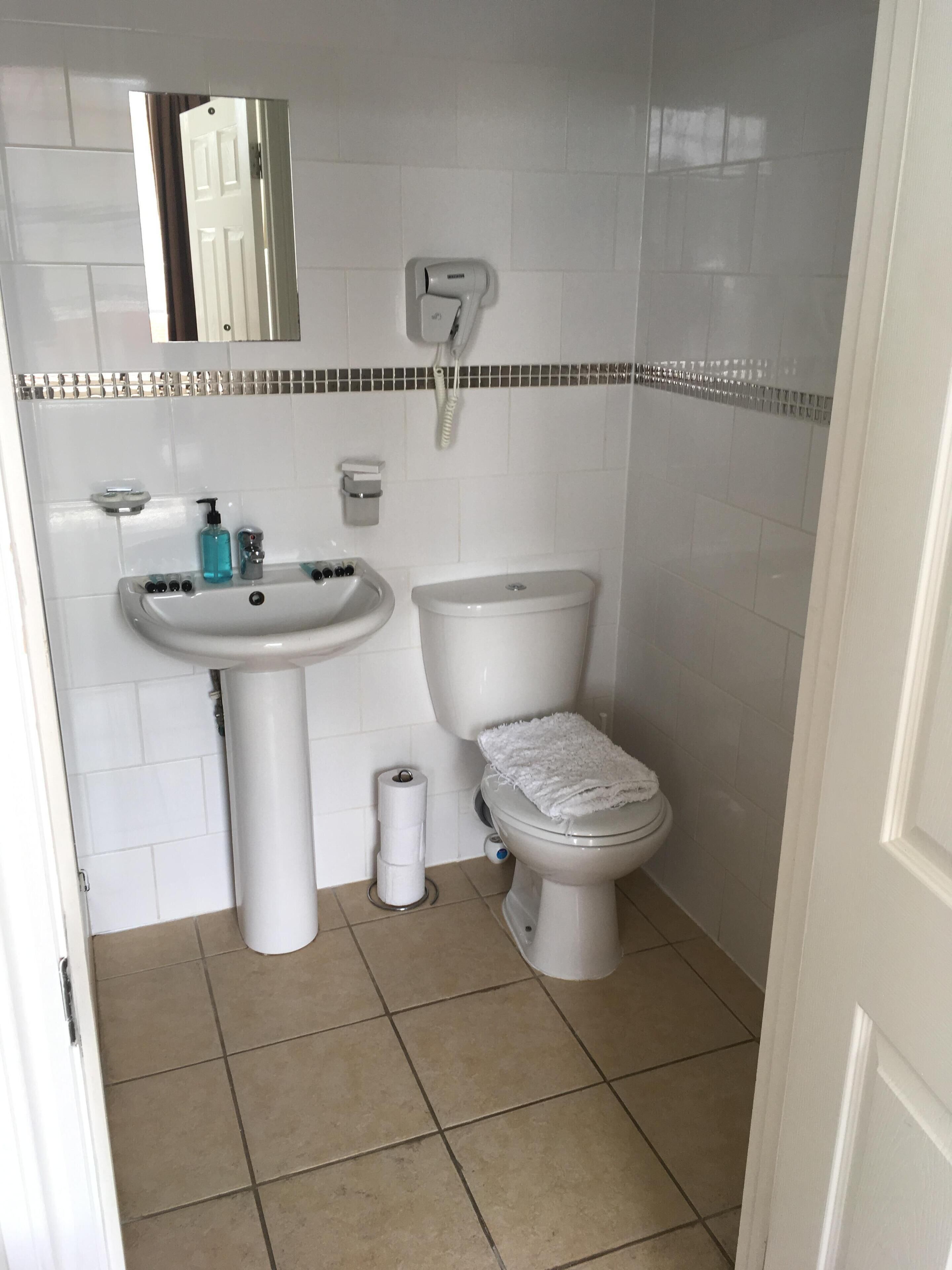 Un baño con lavamanos blanco, inodoro y espejo sobre el lavamanos.