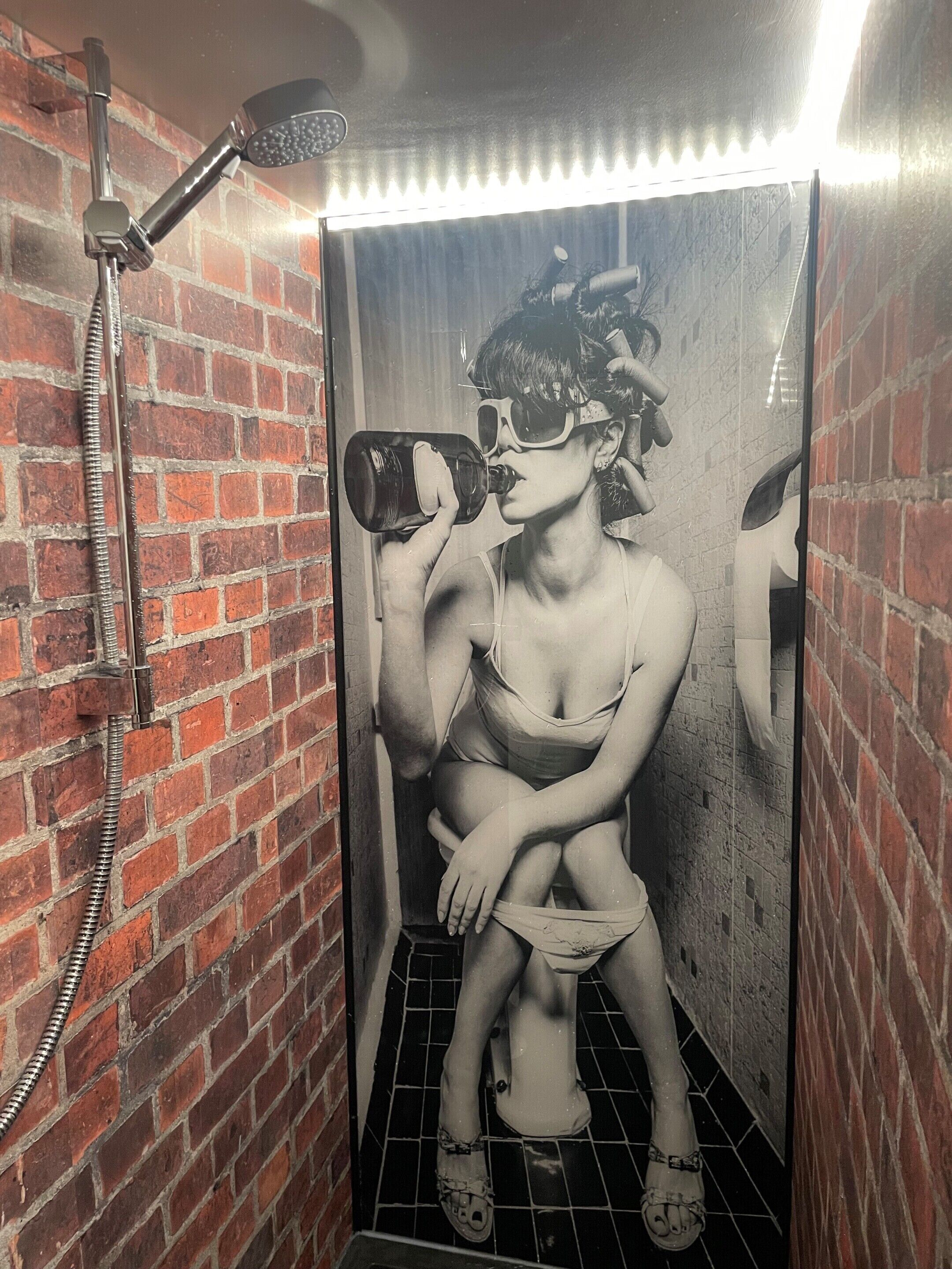 A bathroom with a shower, a toilet, and a mirror.