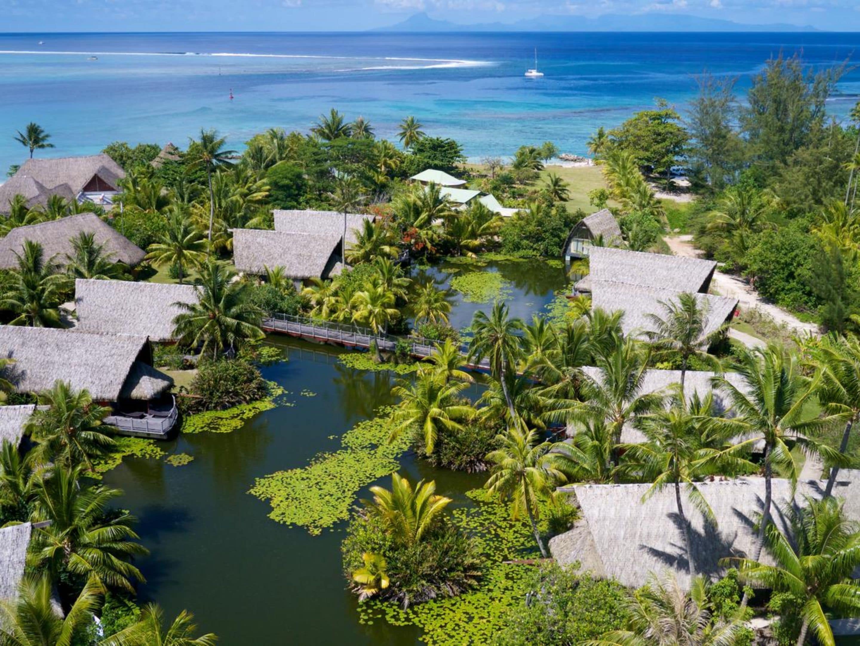 A tropical resort with thatched-roof huts, a small bridge, and a lagoon surrounded by palm trees.