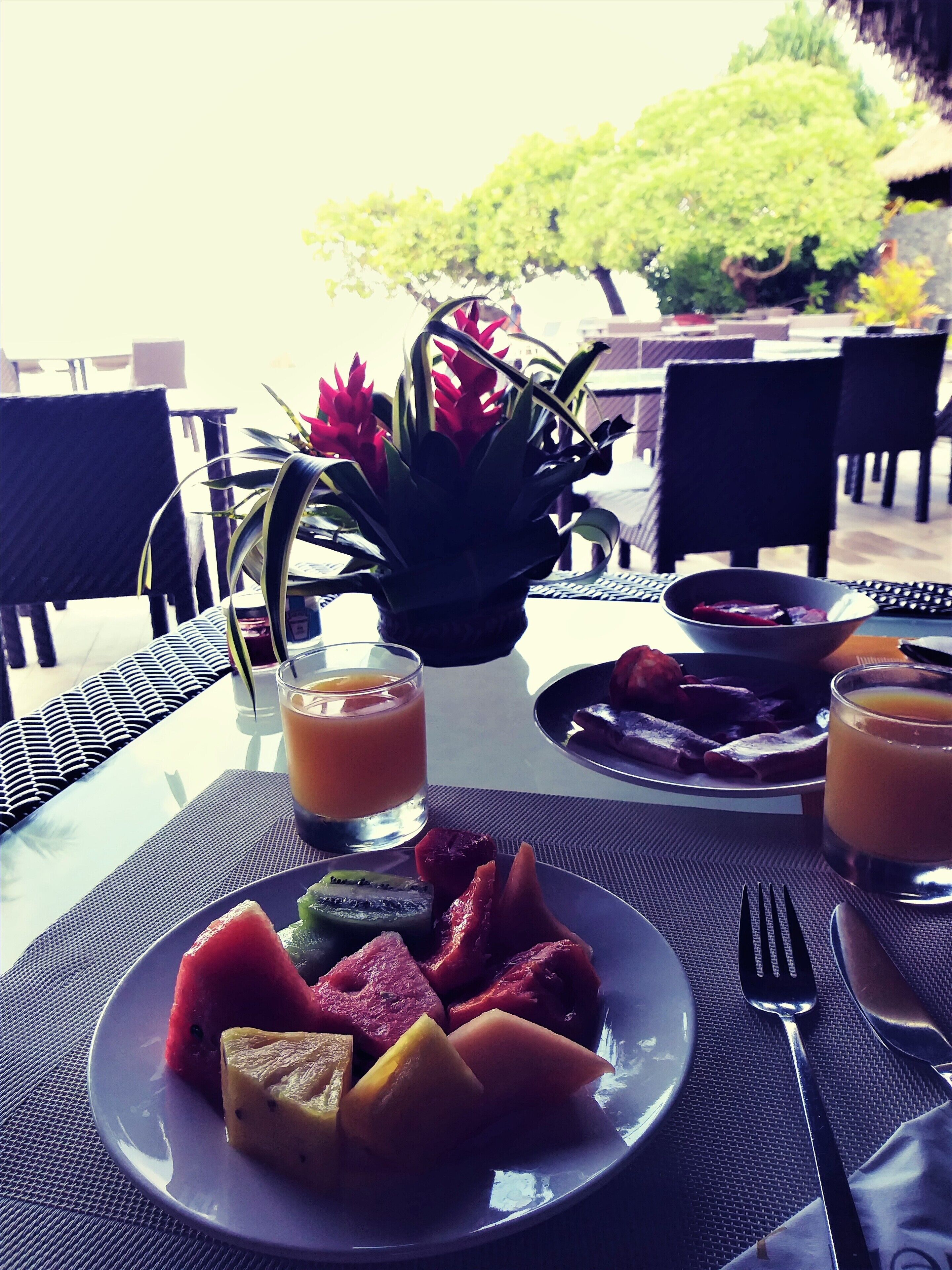 A table set with plates of fruit, a glass of orange juice, and a bowl of food, with outdoor seating and a view of greenery.