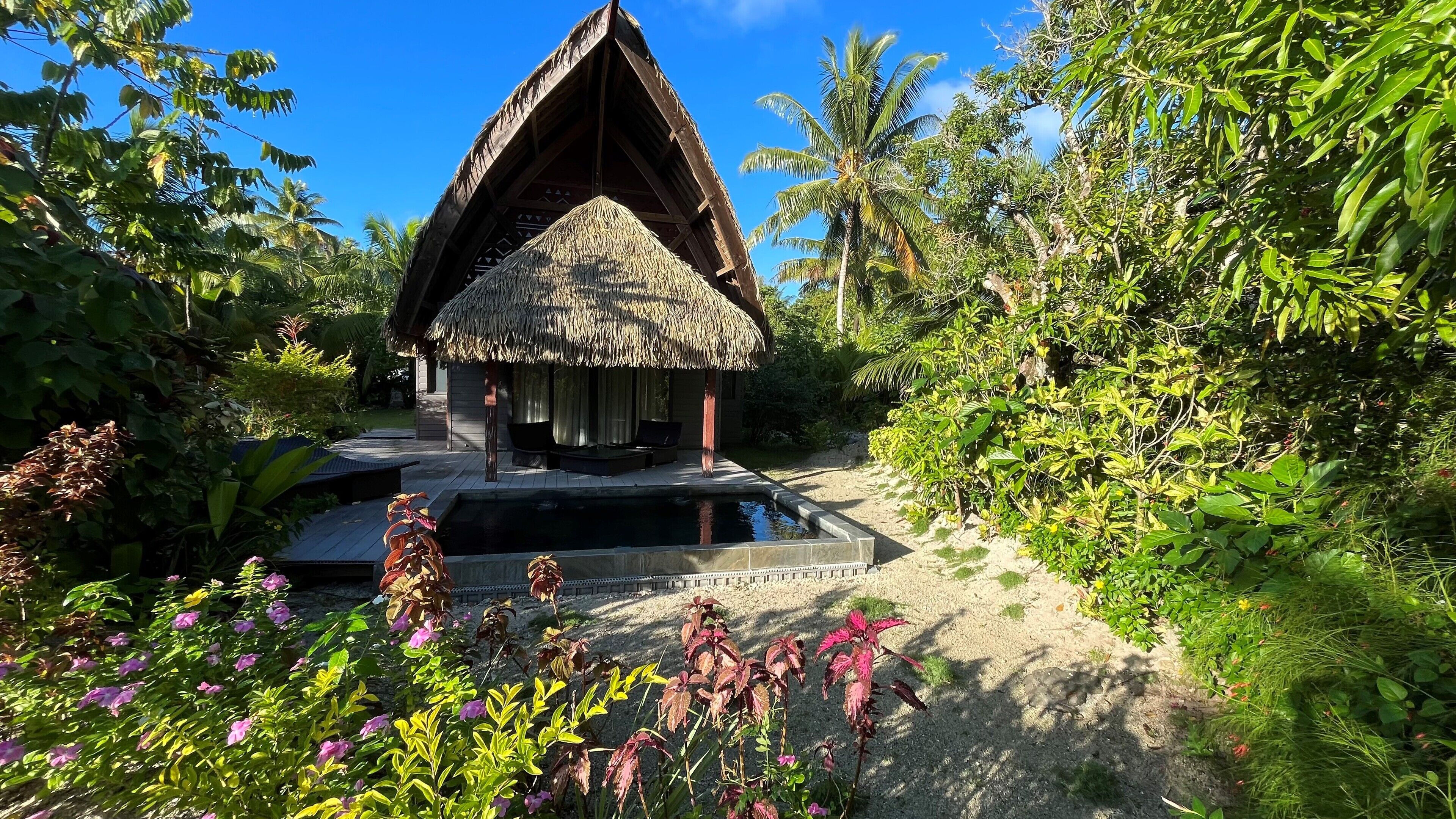 Una estructura con techo de paja con piscina, rodeada de exuberante vegetación y plantas tropicales.