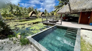 Un área de piscina con una estructura de techo de paja, rodeada de vegetación tropical y palmeras.