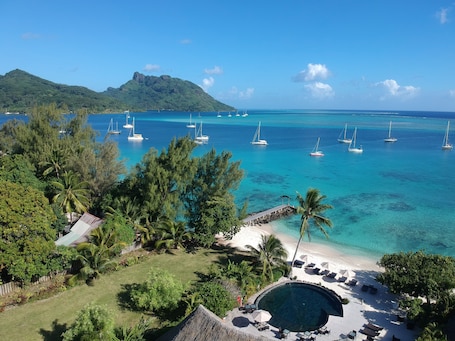 Una piscina al aire libre, sombrillas, sillones reclinables de piscina