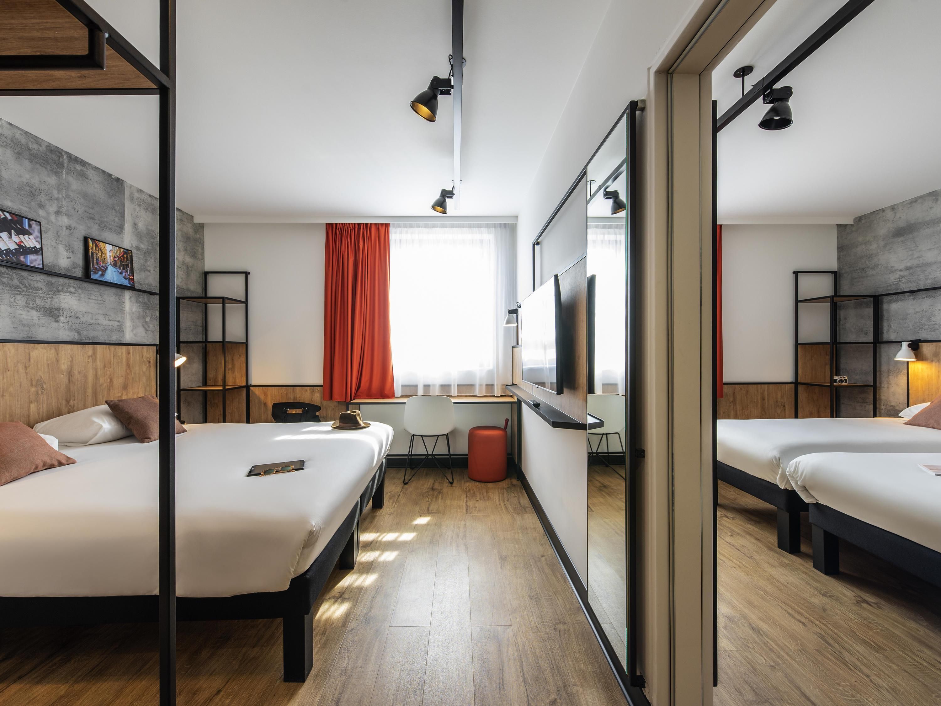 Premium bedding, desk, laptop workspace, blackout curtains