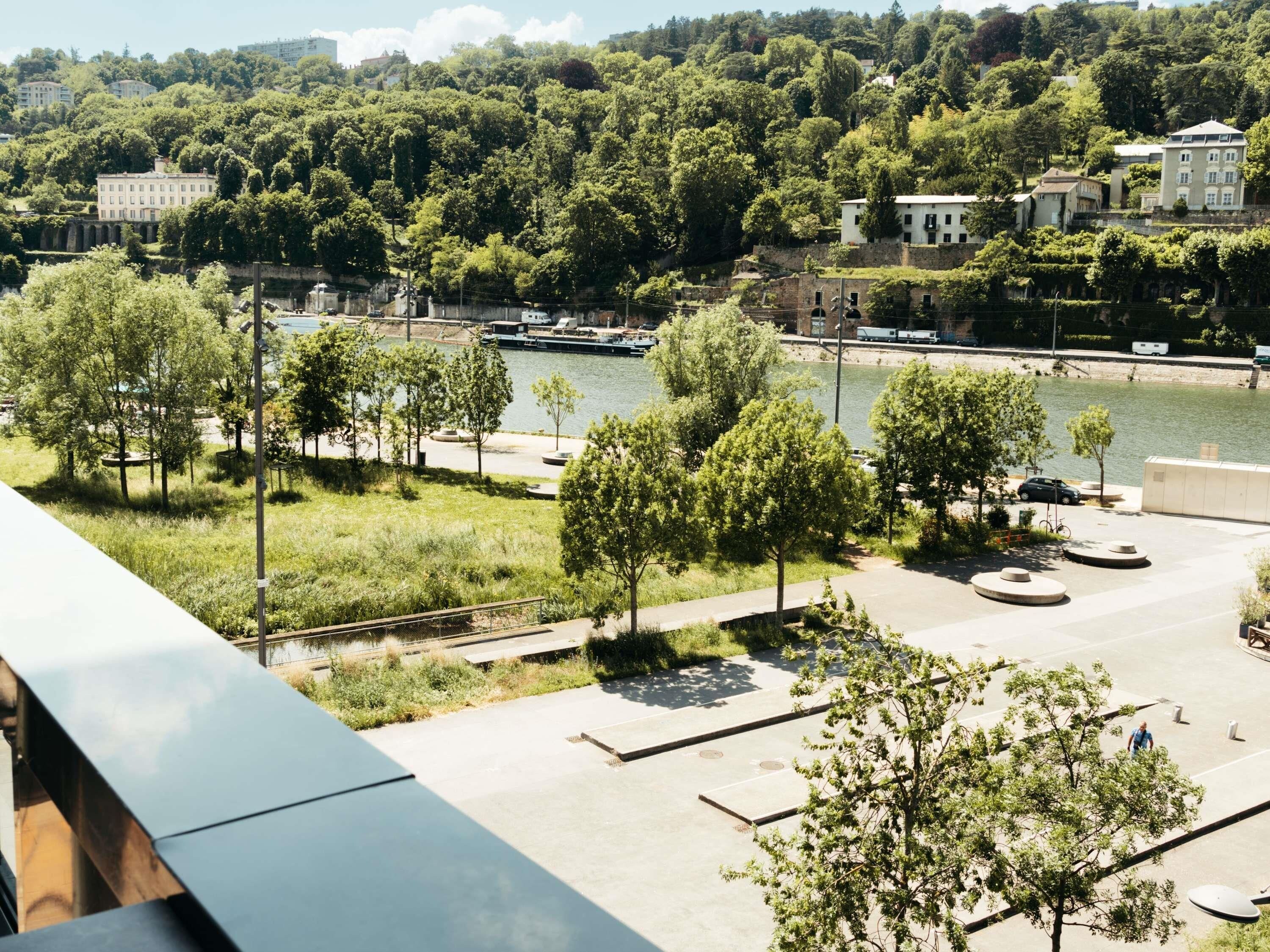 Un parc au bord de la rivière, avec des arbres, un quai pour bateaux et des bâtiments en arrière-plan.