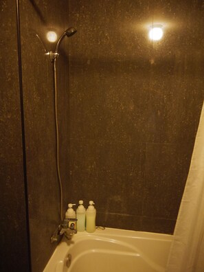 Combined shower/bathtub, free toiletries, hair dryer, bathrobes