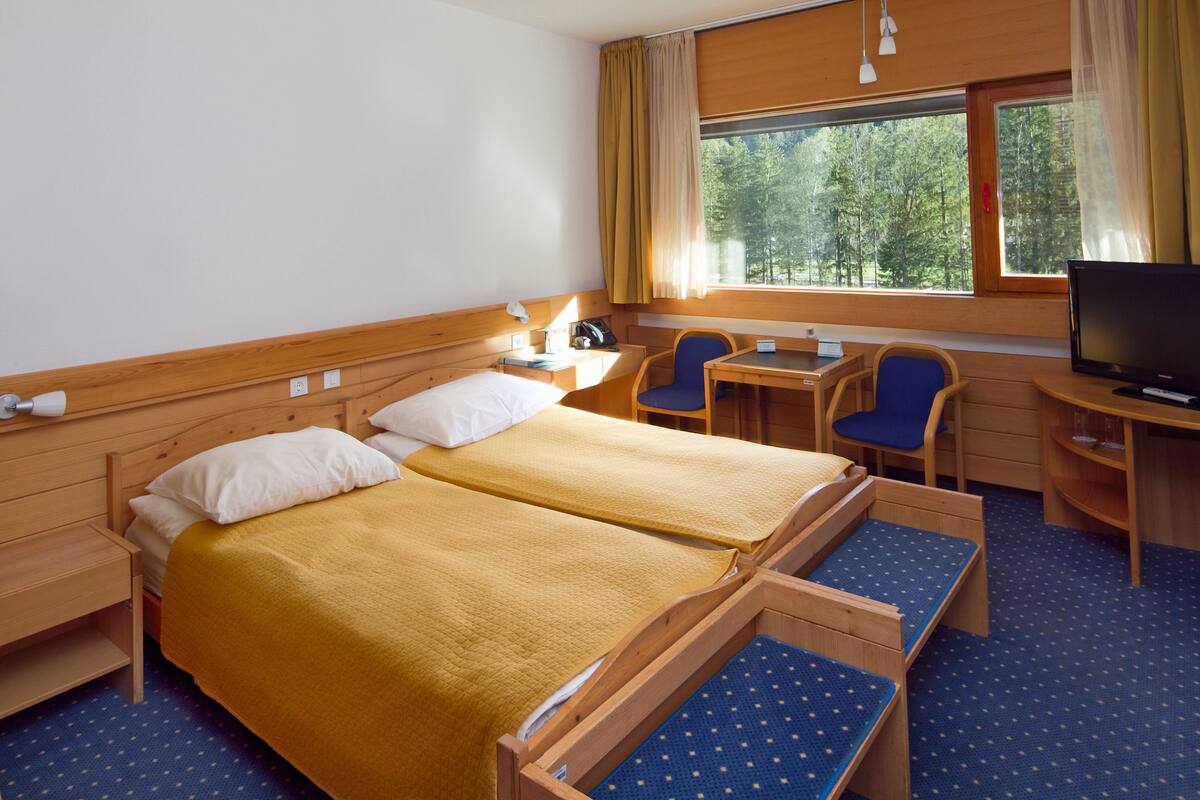 Ein Doppelbett mit Holz-Kopfteil, ein Schreibtisch mit Stuhl, ein Fernseher und ein Fenster mit Vorhängen.