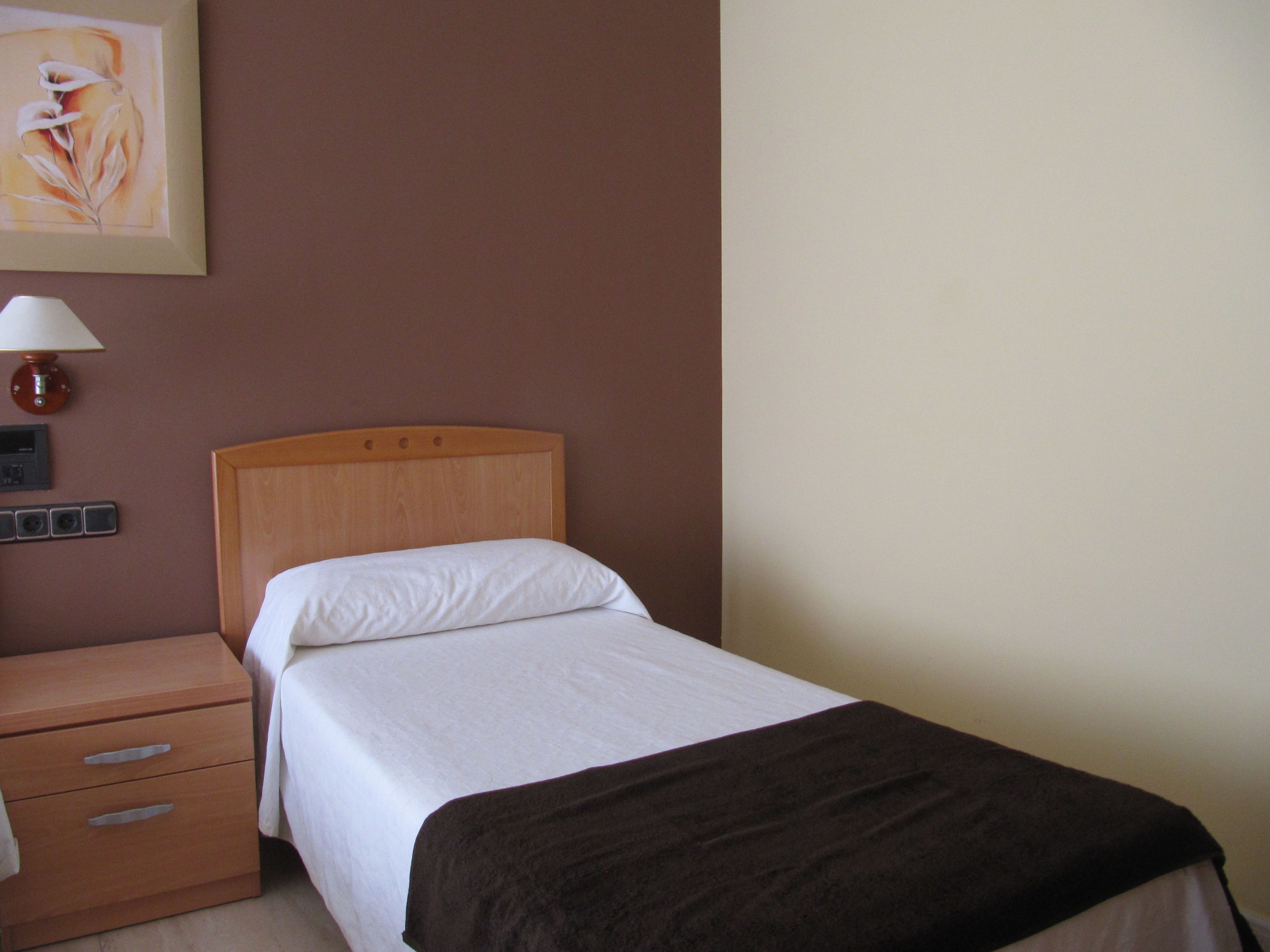 Una cama individual con cabecera de madera, una mesita de noche con lámpara y un panel de control en la pared.