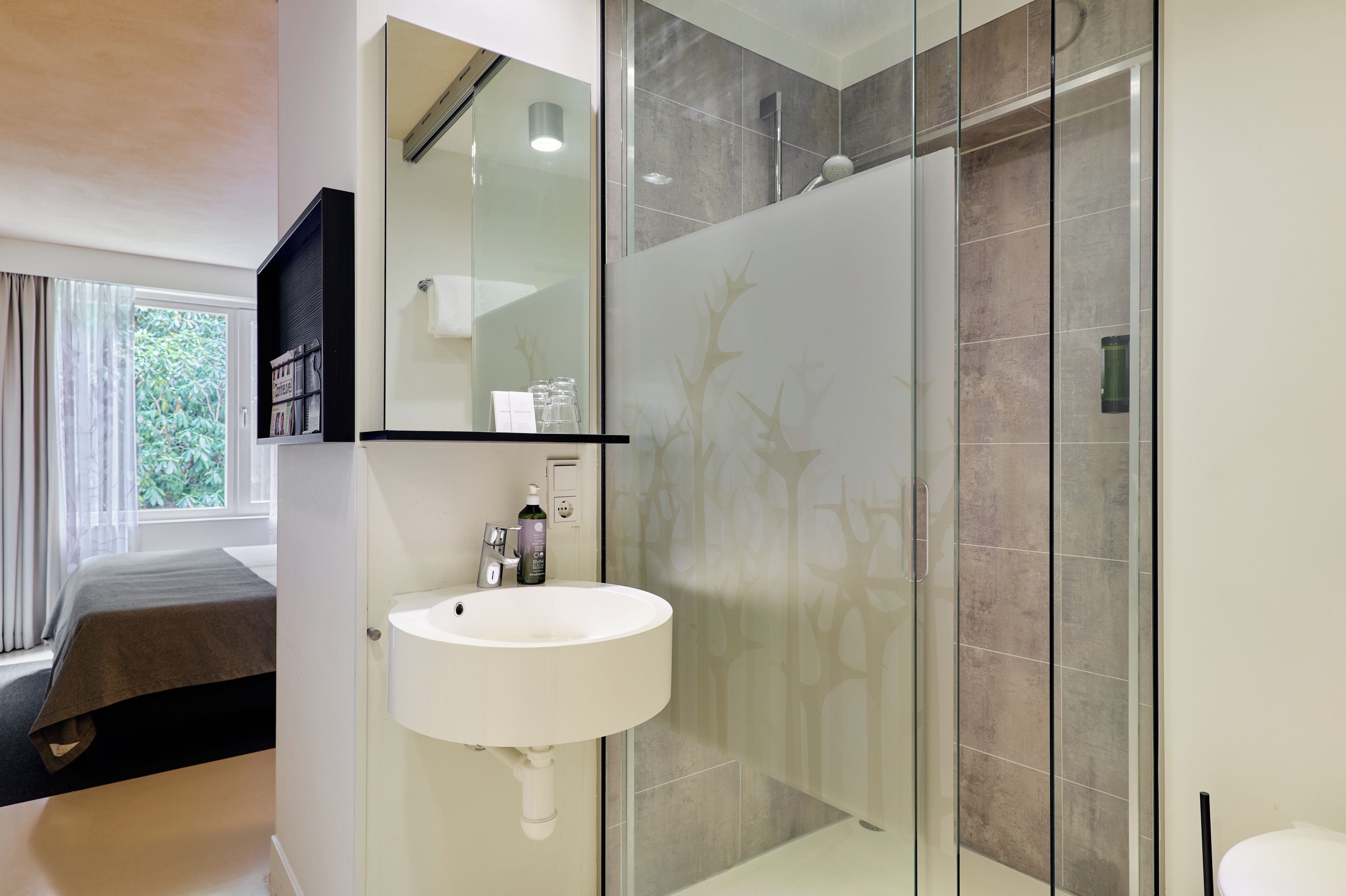 A modern bathroom with a glass shower enclosure, a white sink, and a mirror above it.